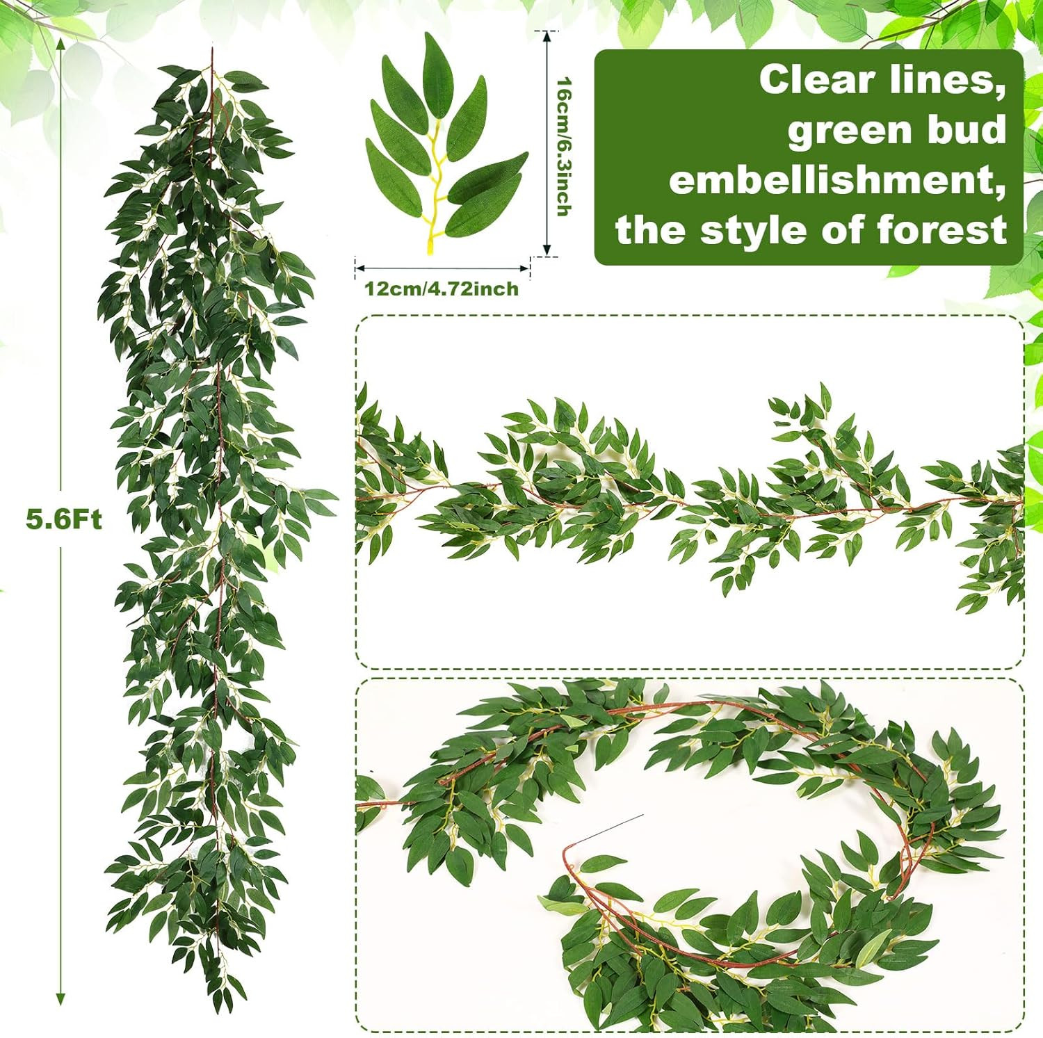 135Ft Faux Greenery Willow Leaf Garland for Wedding & Party Decor (48 Pack)