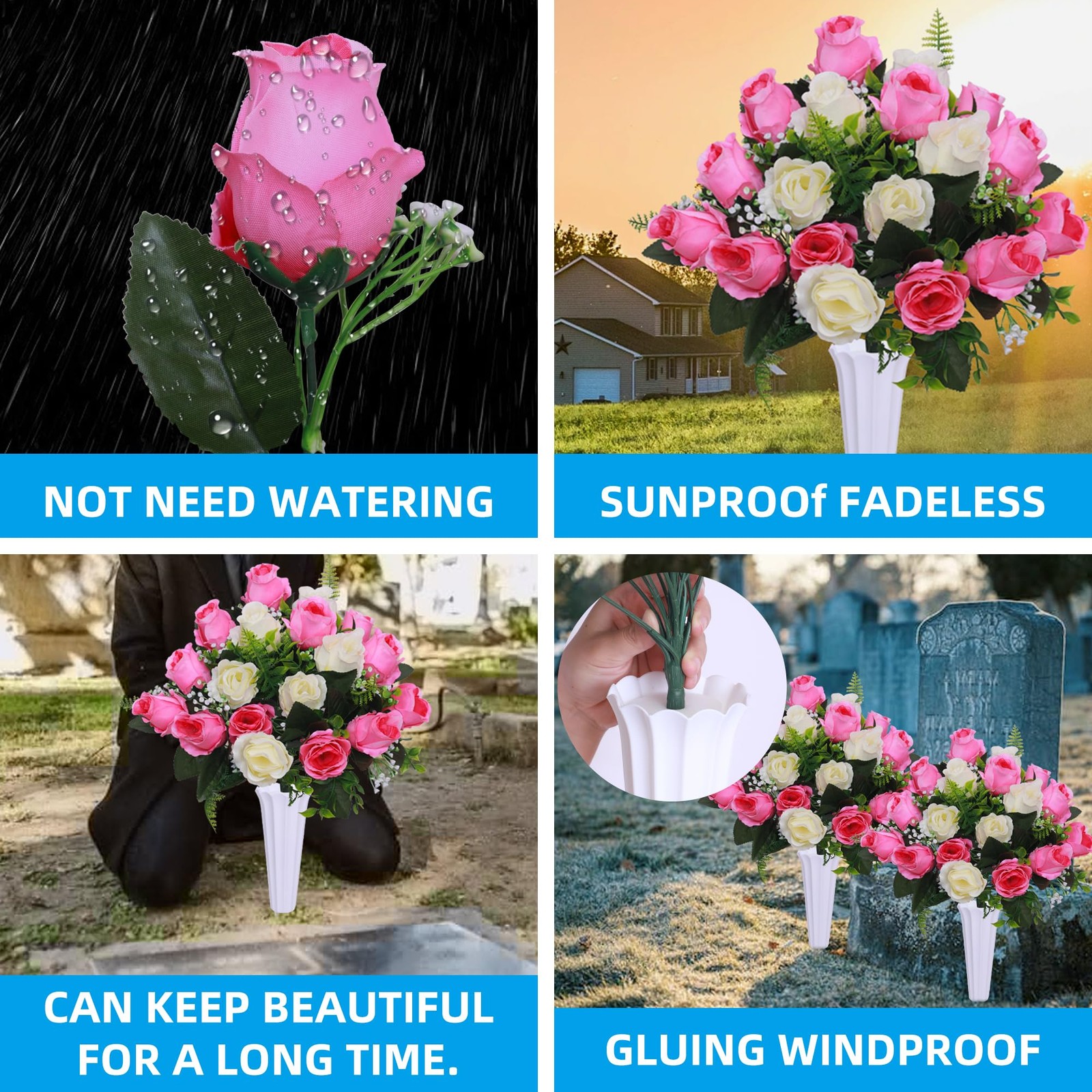 Set of 2 Artificial Cemetery Flowers with Vase,Grave Memorial Flowers,Artific…