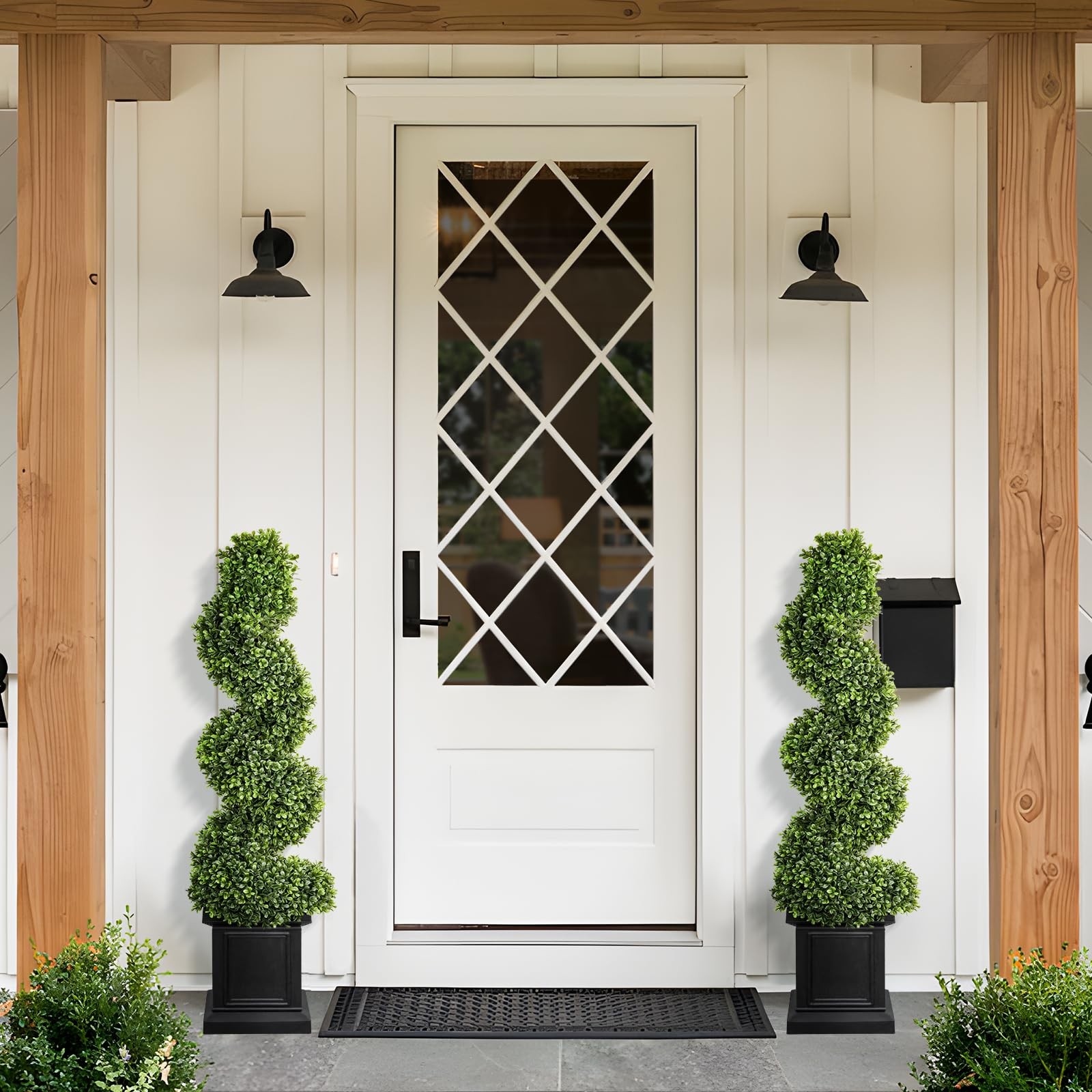 Boxwood Outdoor Topiary Set of 2, 3.5ft Tall Porch Trees, All-Year Green Fake…