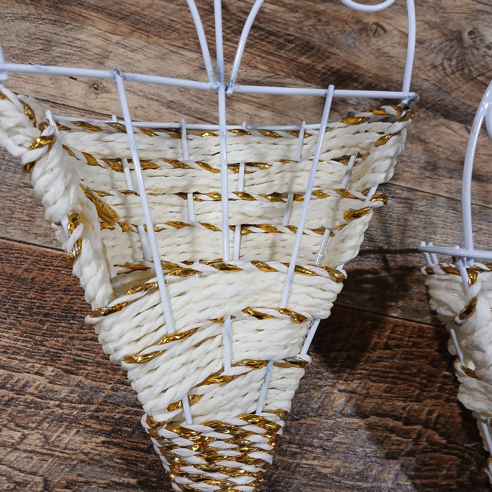 Set of 2 Wall Hanging Cone/Basket. Display Flowers. Cream & Gold