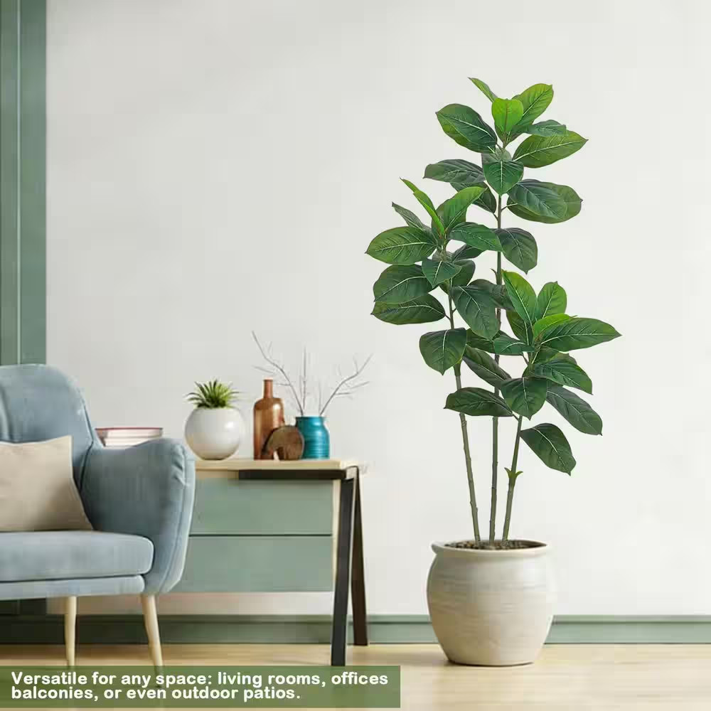 1 In. White Indoor/Outdoor Artificial Rubber Tree Shrub Faux Plant with Planter