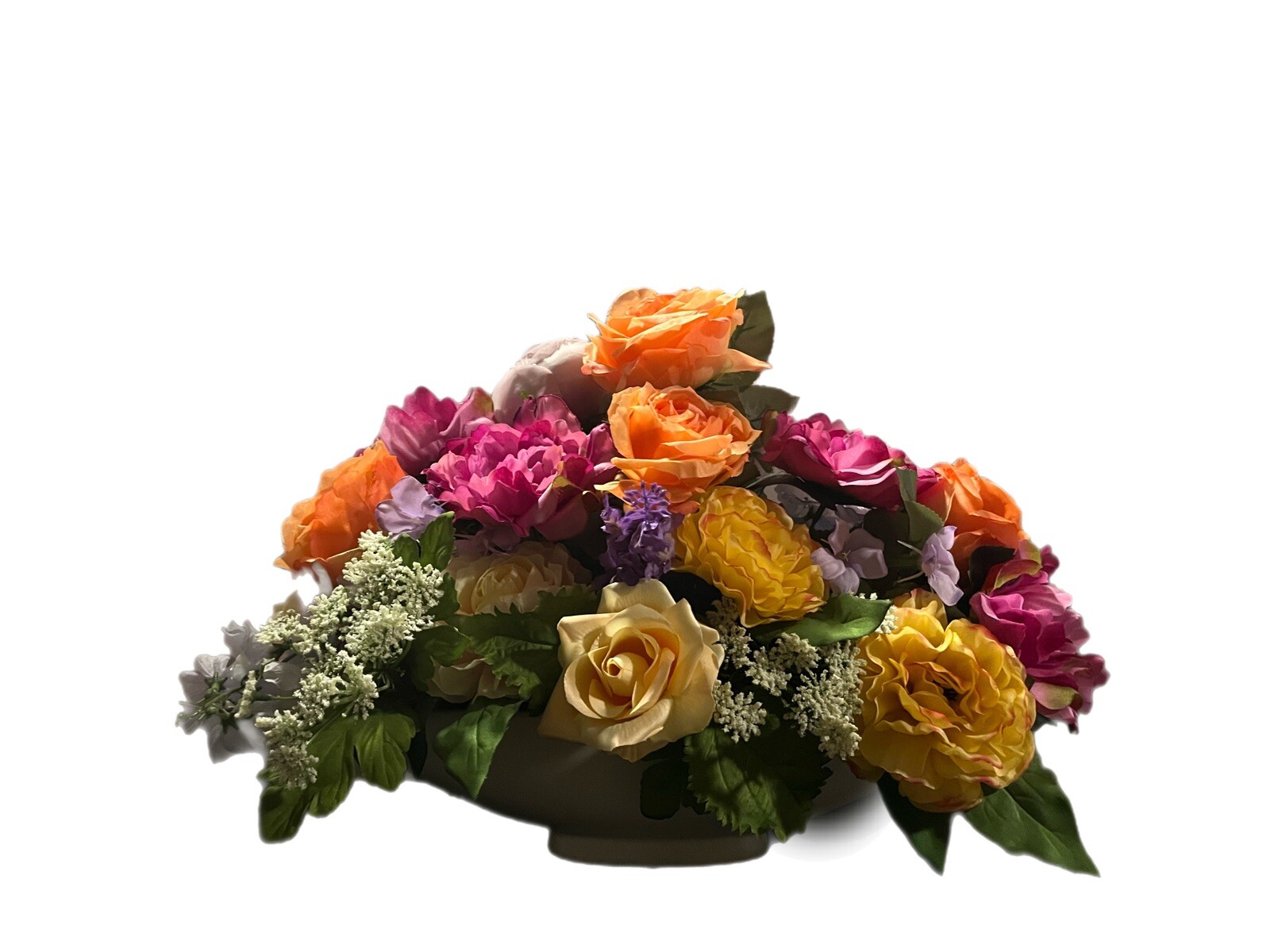 Spring Floral Arrangement Peony Rose Hydrangea Mix Floral White Oval Planter