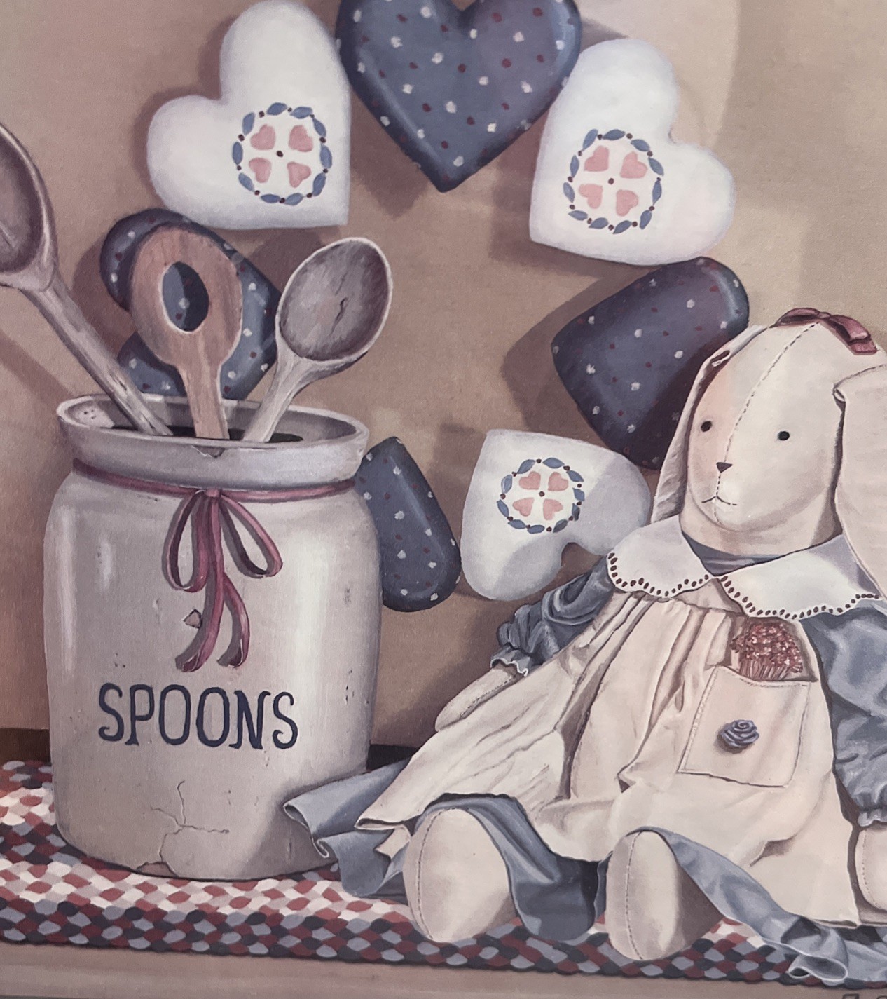 HOME INTERIORS HOMCO FRAMED PICTURE RABBIT CROCK OF SPOONS Country Cottagecore