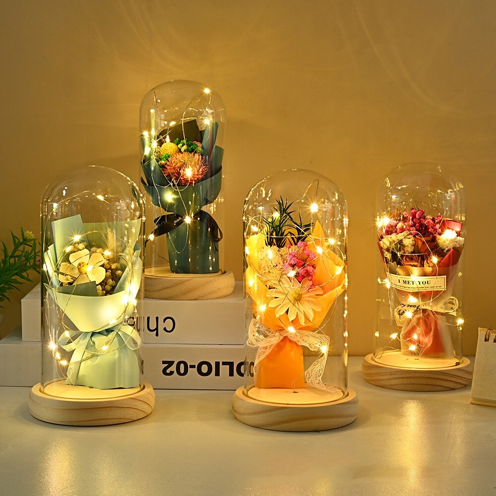 Forever Rose In Glass Eternal Flower LED Night Light Dome Valentine Wedding Gift