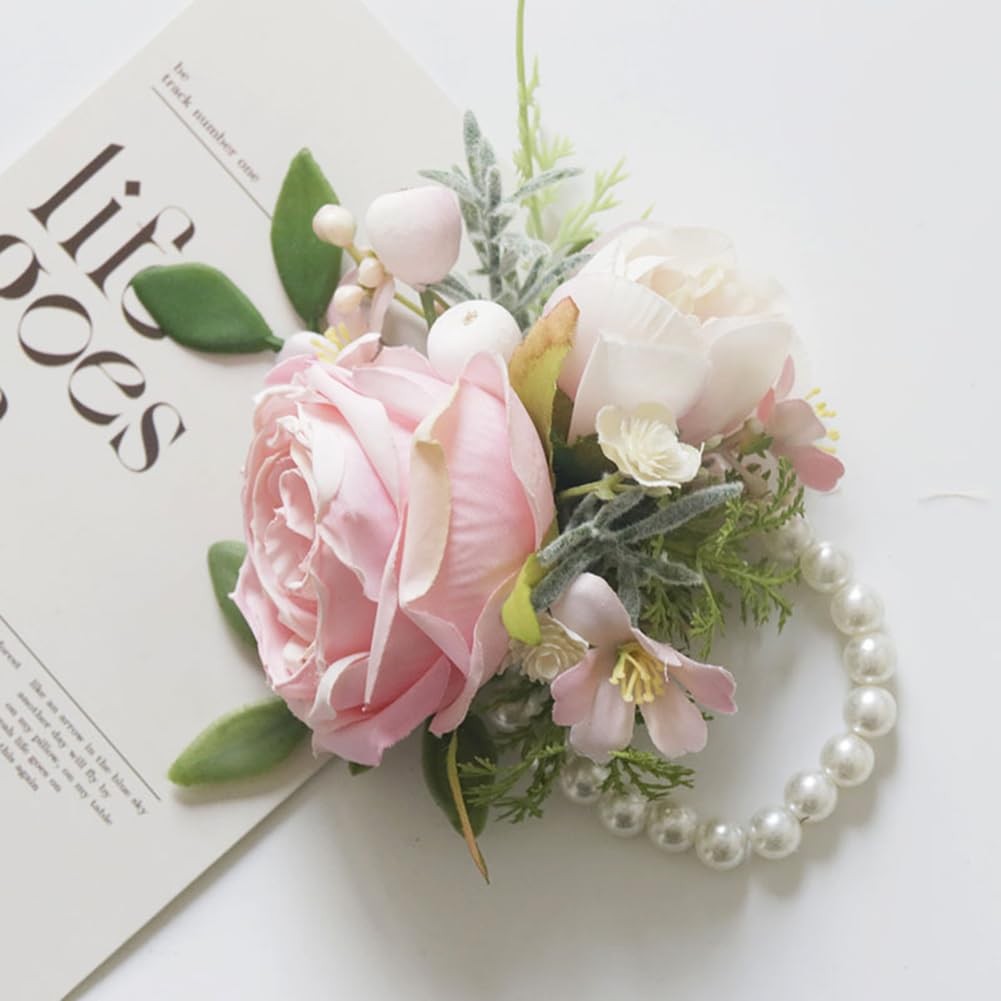 2 PCS Pink Wedding Corsage Boutonniere Set Artificial Flowers Prom W122