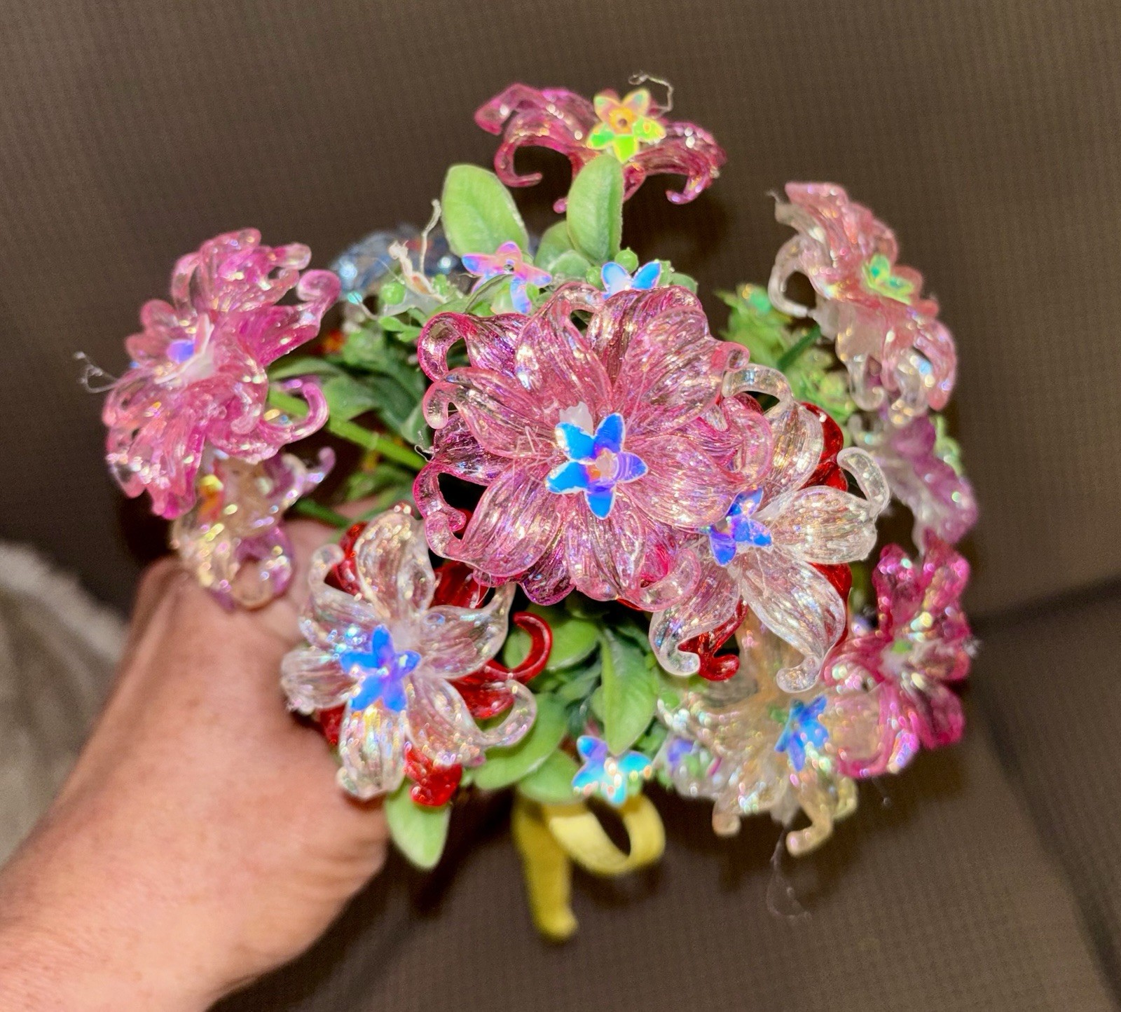Small Handmade Bouquet Acrylic Iridescent 11” Wrapped In Grosgrain Ribbon OOAK