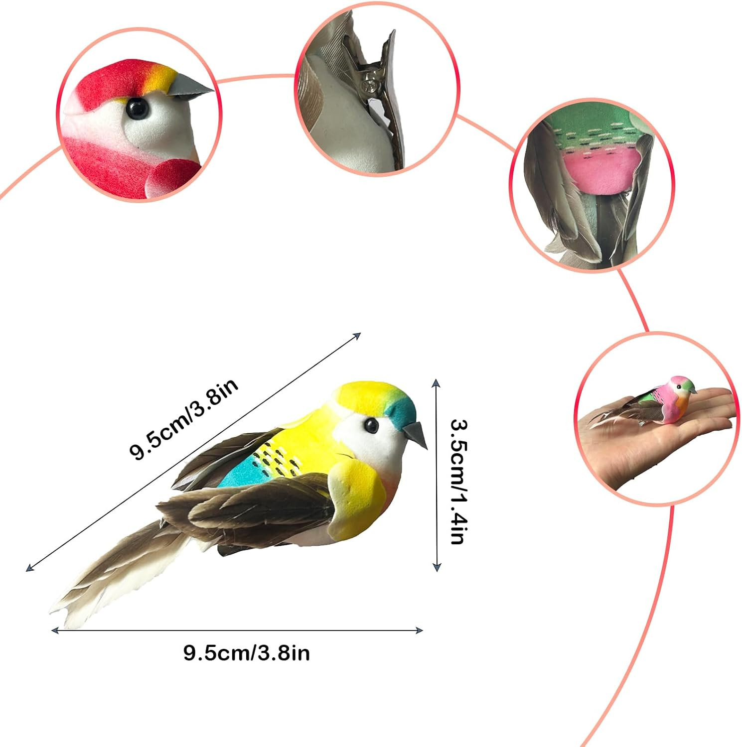 6Pcs Artificial Spring Birds Clip on Colorful Bird for Crafts Tree