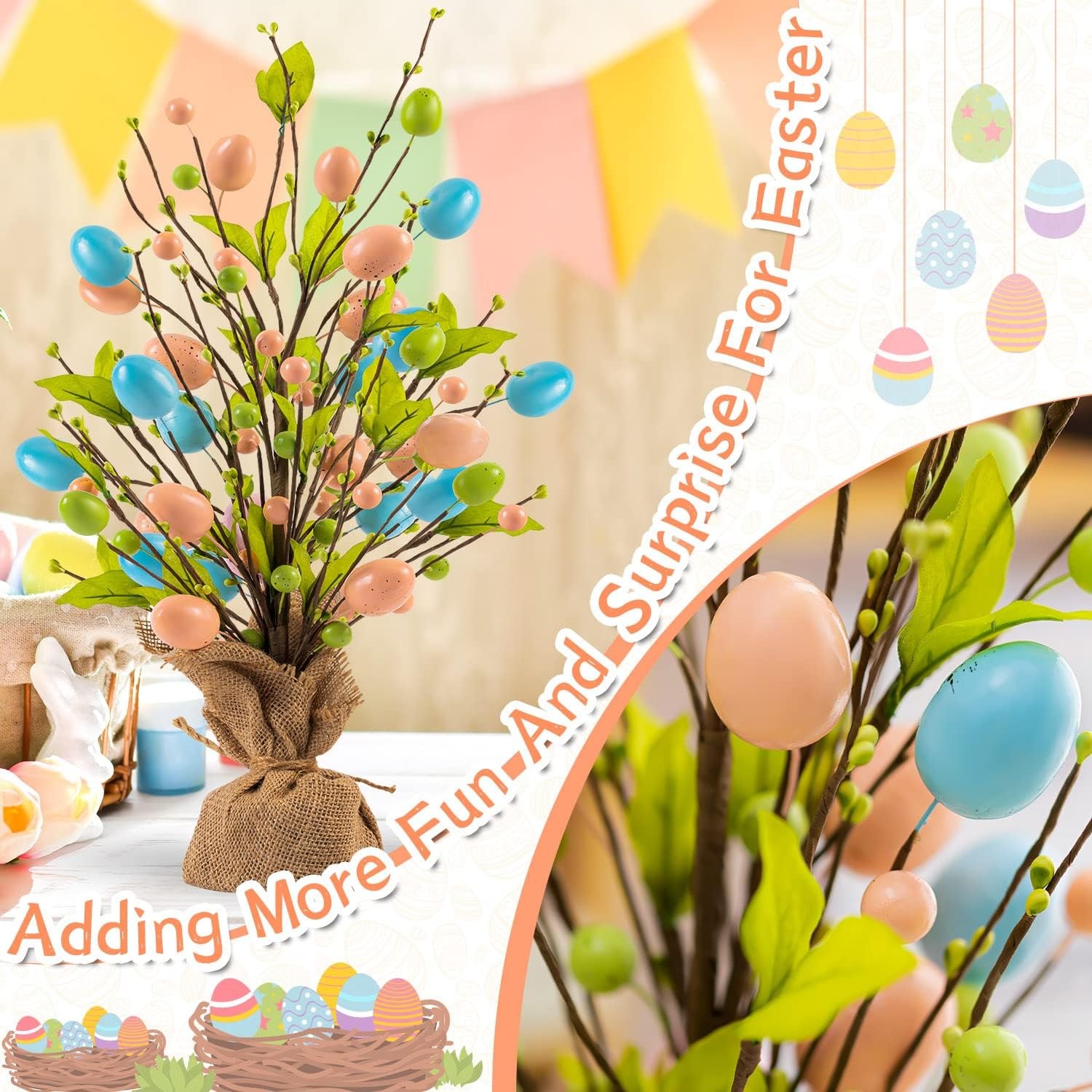 Easter Egg Table Tree Decor 18 Inch Pearl Tree With Hanging String Lights