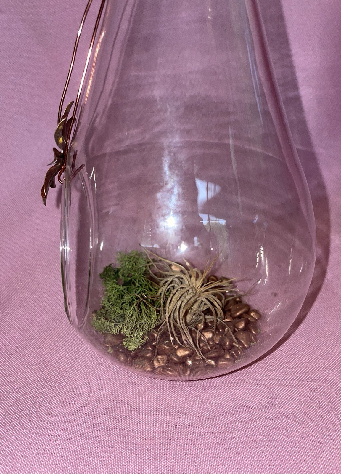 16” Blown Glass Teardrop Hanging Globe Terrarium Copper Flower Accent