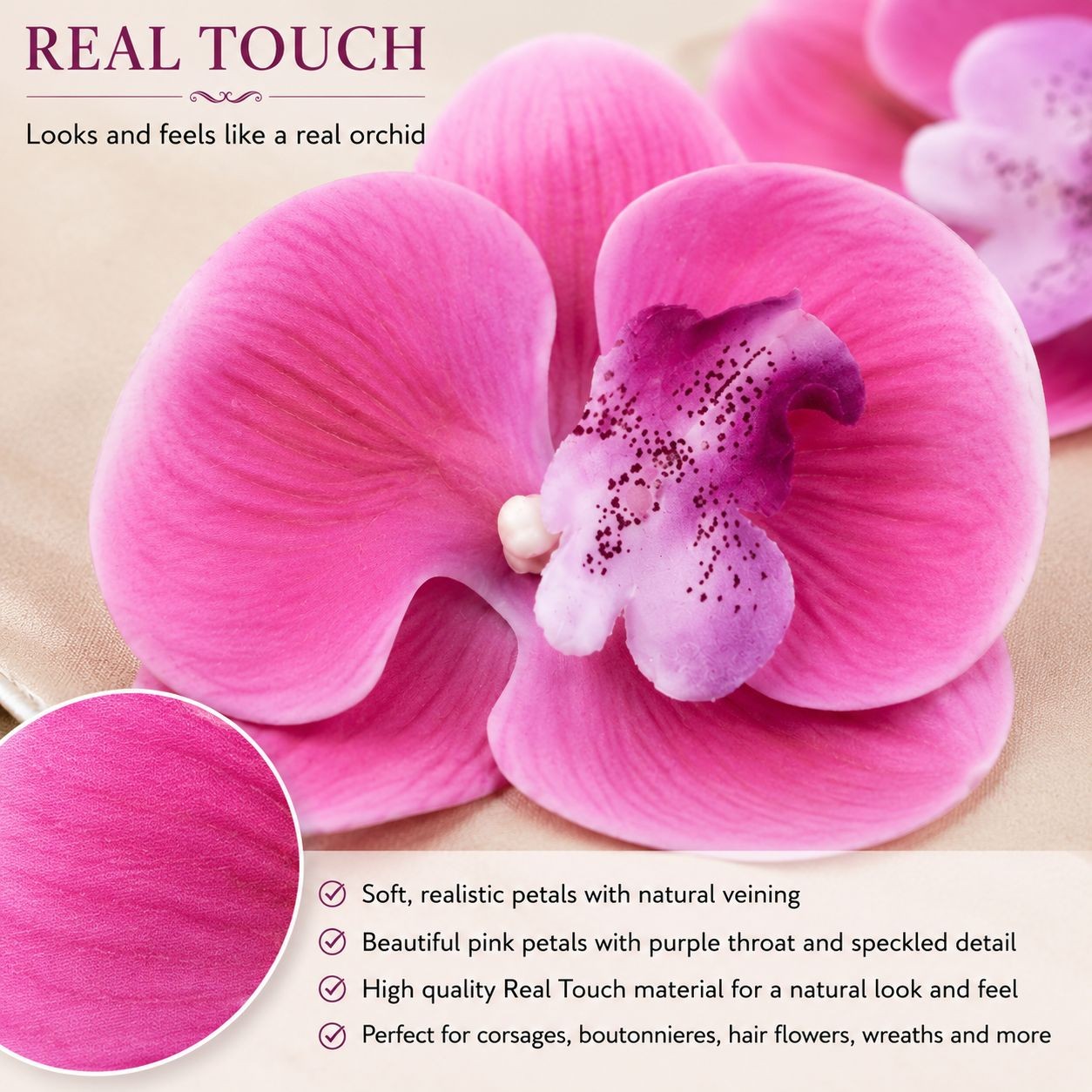 Pink Real Touch Orchid Flower Heads, Set of 2 Faux Orchids, 3.5 Inch No Stem Flo