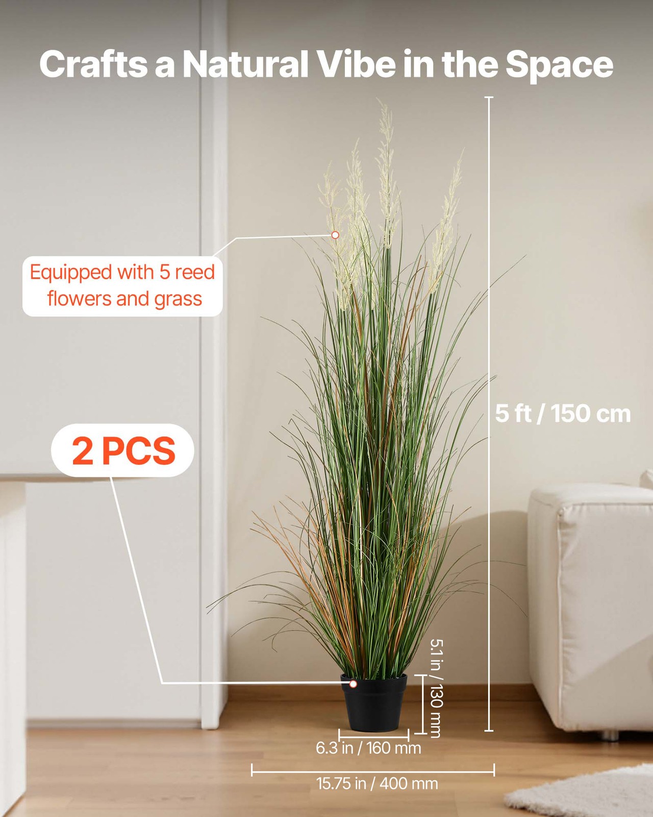 VEVOR Artificial Grass Plant 59 Inch Reed Flower Grass In Pot 2 Pack Green
