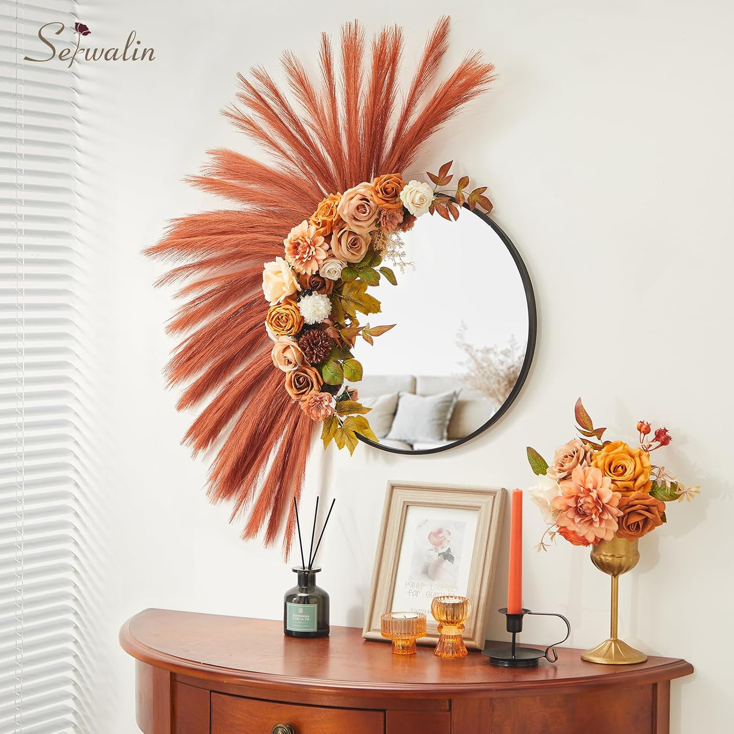 60PCS 17.7″ Burnt Orange Pampas Grass Decor for Vase Filler Home | Artificial Sh