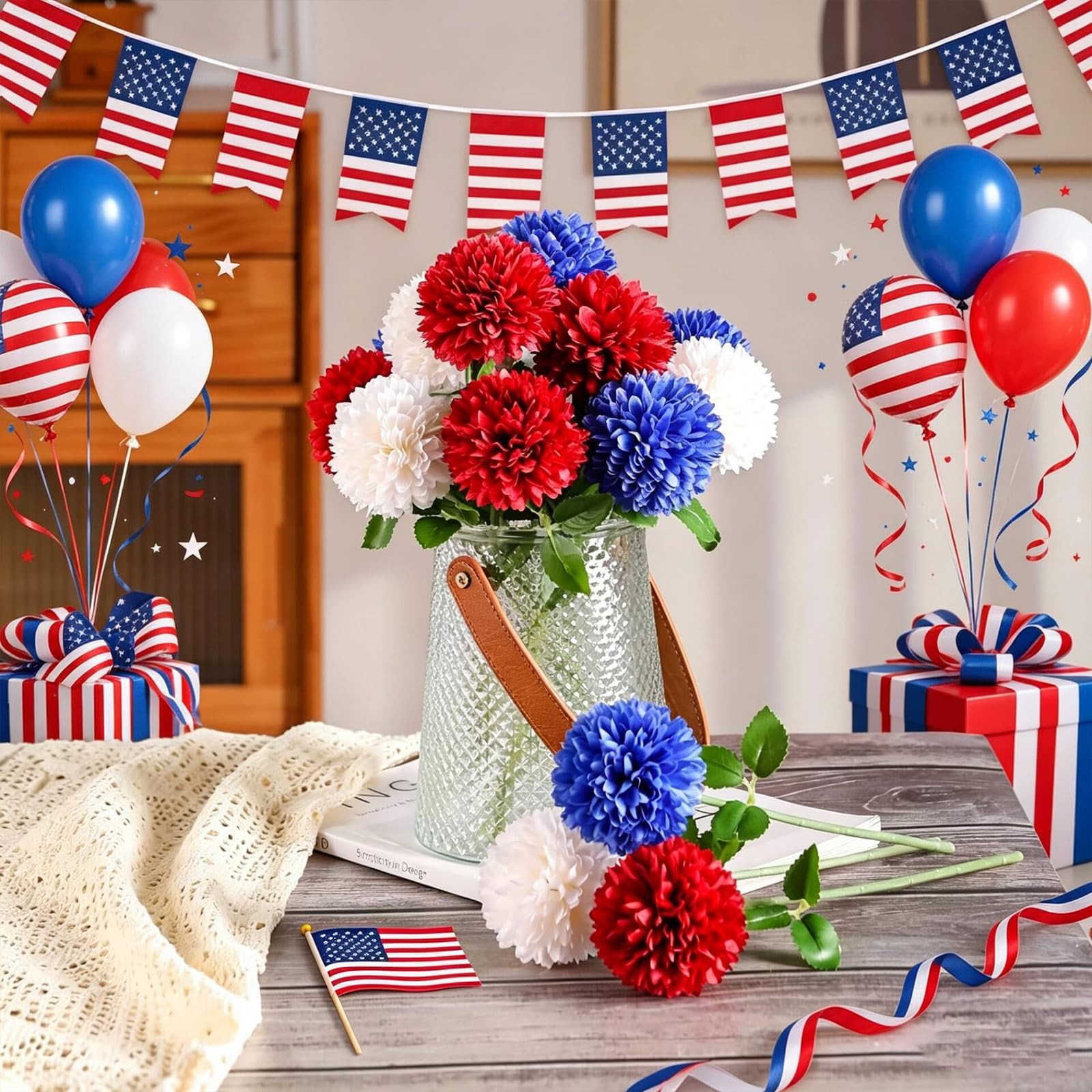 12pcs 4th of July Flowers 250th Anniversary Artificial Chrysanthemum Silk Hyd…