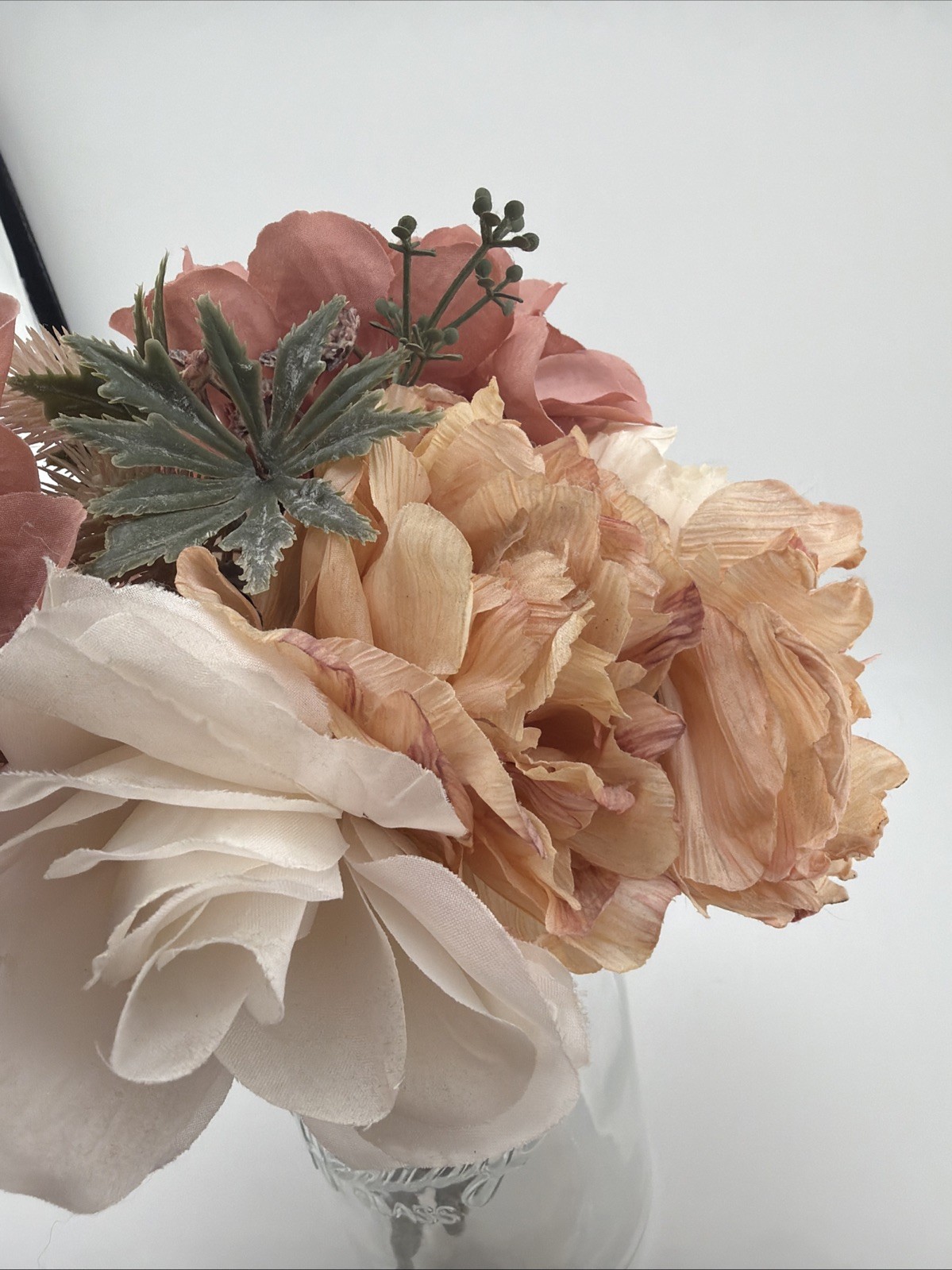 Flower Arrangement Rose, Blush, Peach, Green Mason Jar Artificial 11” Glass