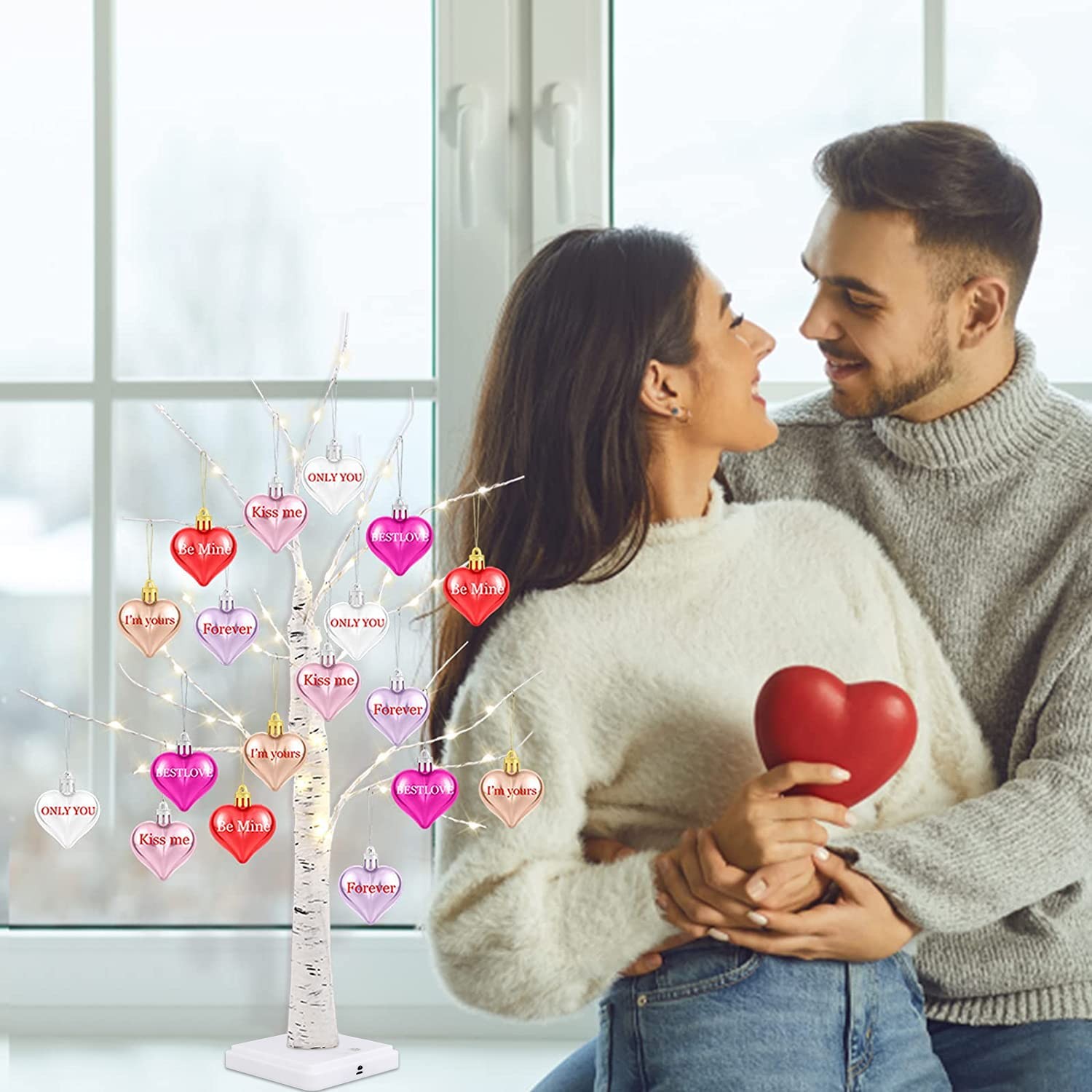 Valentine’s Day Tree Decoration with LED Lights 21.7 Inch Tabletop Birch Tree…