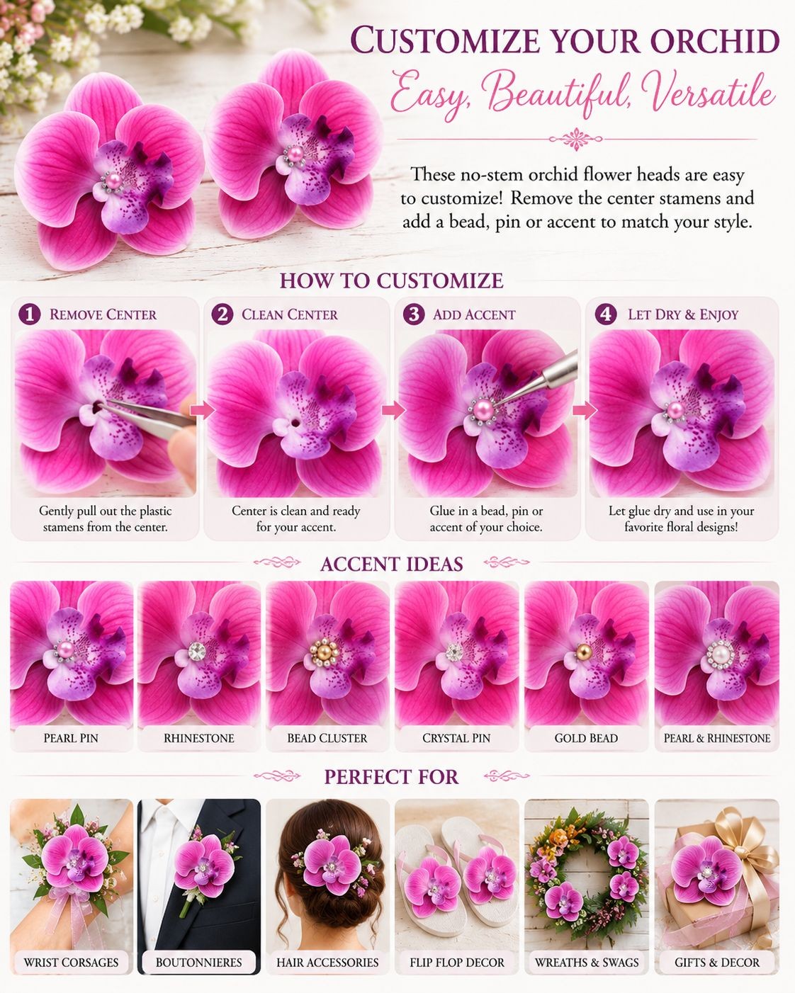 Pink Real Touch Orchid Flower Heads, Set of 2 Faux Orchids, 3.5 Inch No Stem Flo