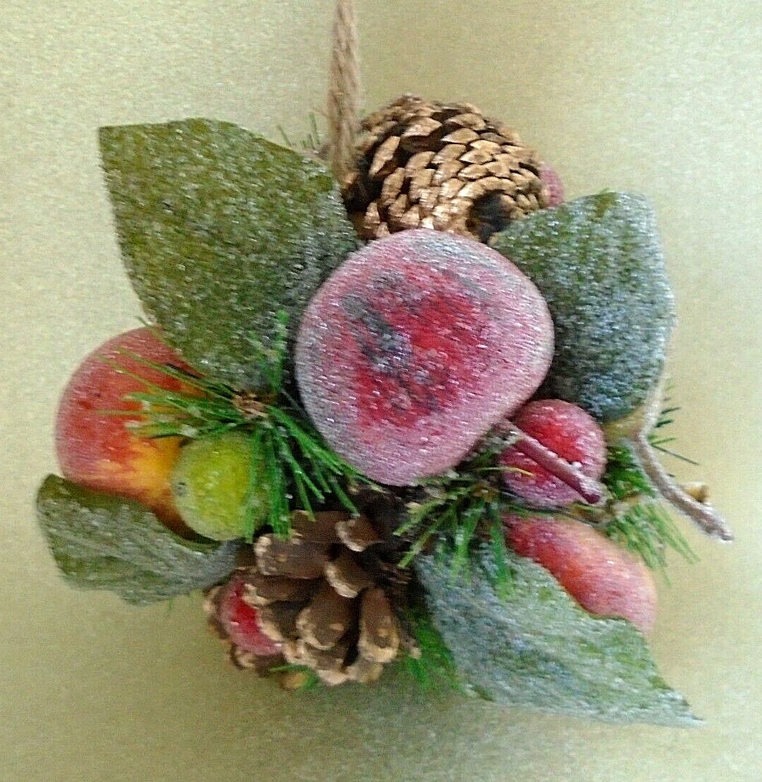 Fig & Magnolia Pinecone & Icy Beaded Faux Fruit Ball Shaped Hanging Topiary