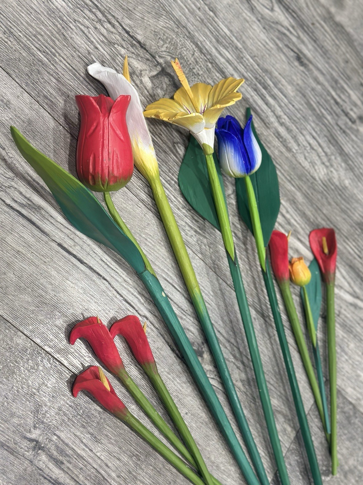 Wood Flowers Long Stem 9”- 31” floral arrangement Rose Tulip Lily Home Decor Lot