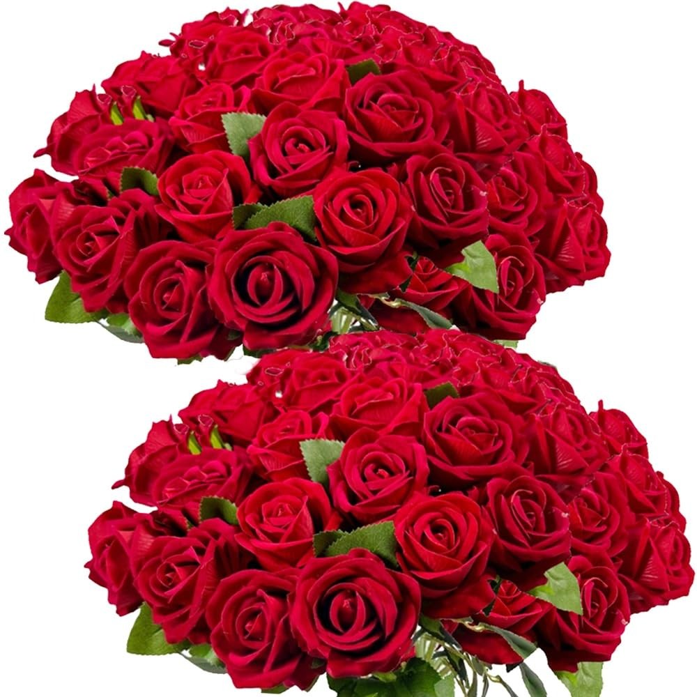 Red Realistic Velvet Silk Artificial Roses Faux Flowers Bouquet 50 PCS Decor