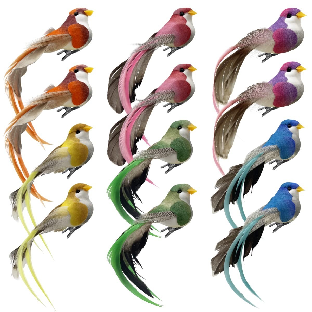 12pcs Clip-On Artificial Foam Birds – Long Tail Feather Decor for Crafts, Home,
