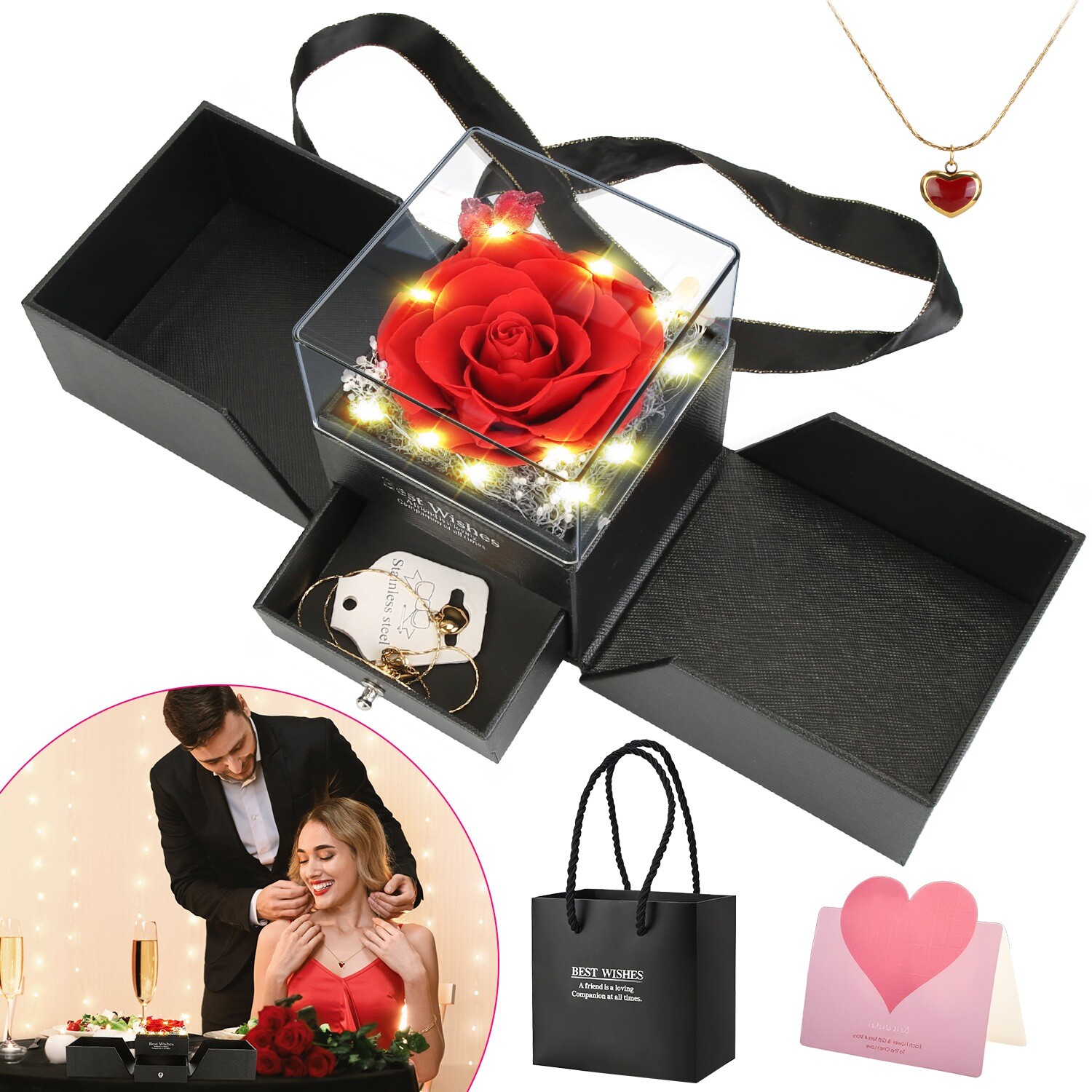 Preserved Eternal Real Rose Flower Gift Box with Heart-Shaped Necklace for Mom