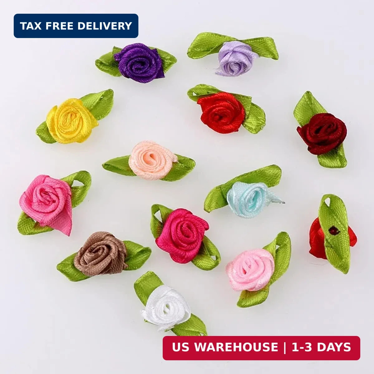 Mini Ribbon Roses, 100Pcs Artificial Fabric Flowers with Green Leaves Mixed Colo
