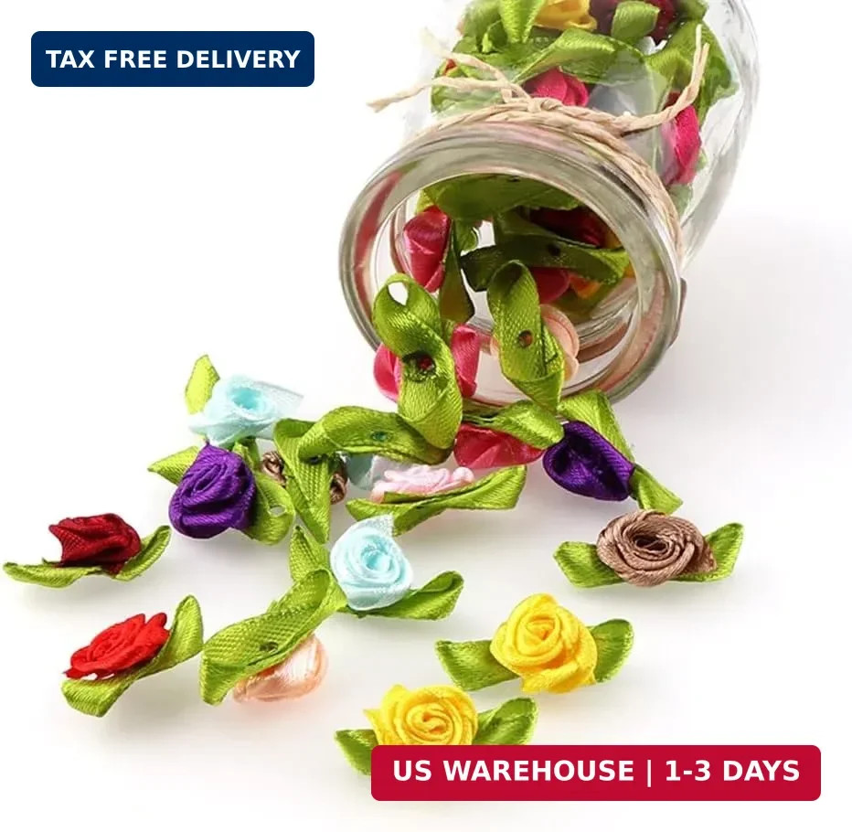 Mini Ribbon Roses, 100Pcs Artificial Fabric Flowers with Green Leaves Mixed Colo