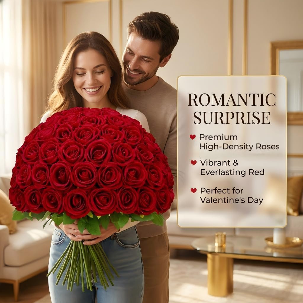 50 Pcs Real Touch Velvet Red Roses – Perfect for Weddings & Special Occasions