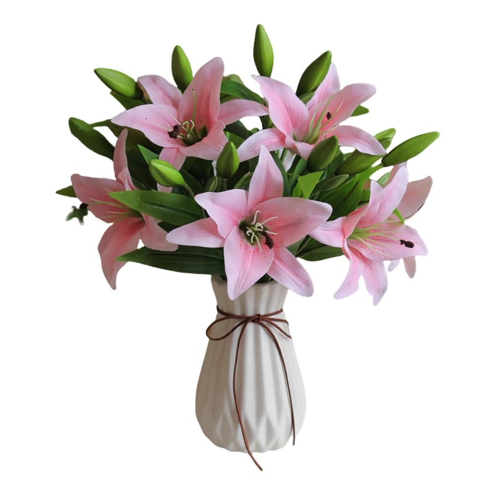 TONGMAN 6 Bundles Artificial Tiger Lily Flowers White Touch Lilies Flower Bou…