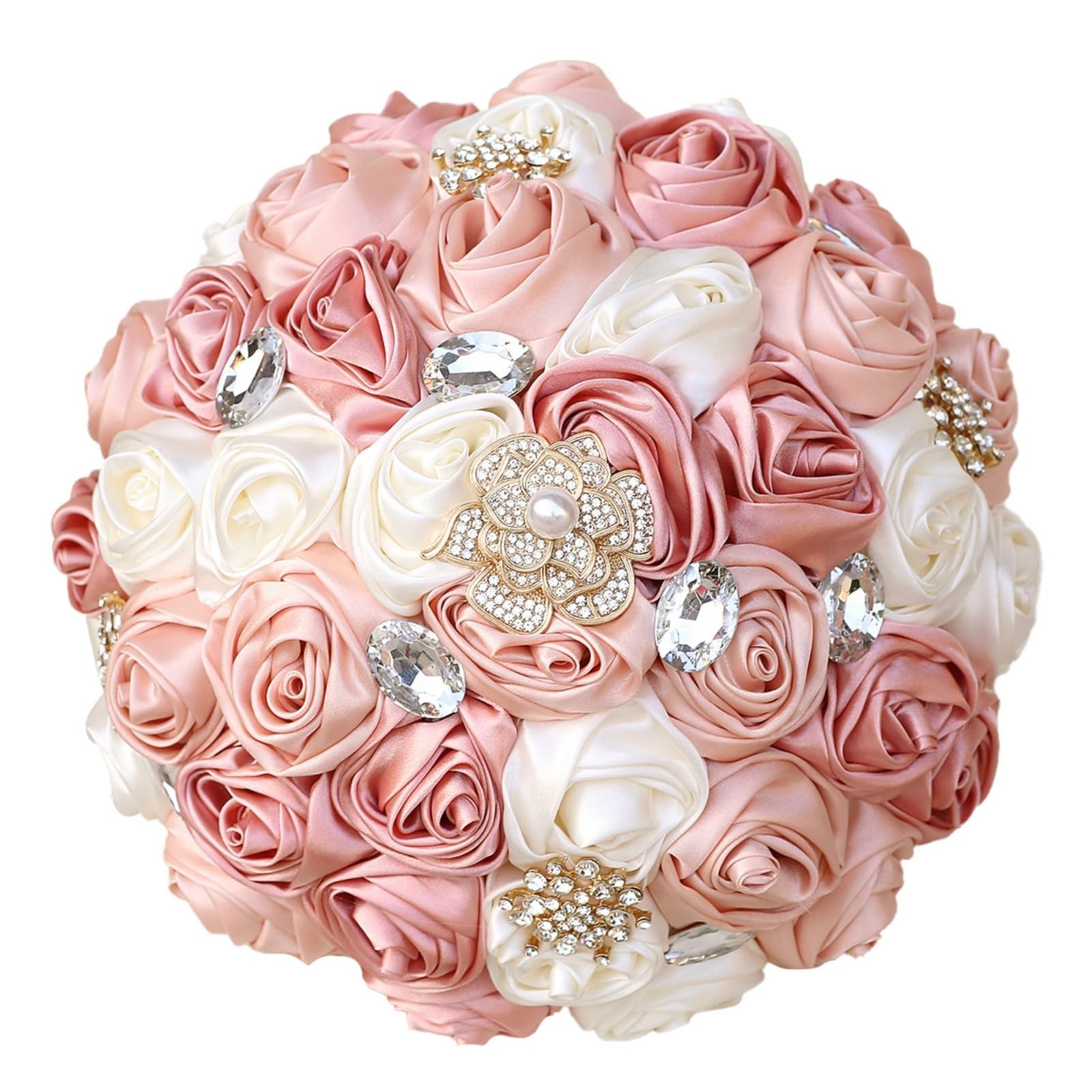 Blush Pink and Ivory Bridal Wedding Bouquet with Gold Brooch Bling Rhinestone…