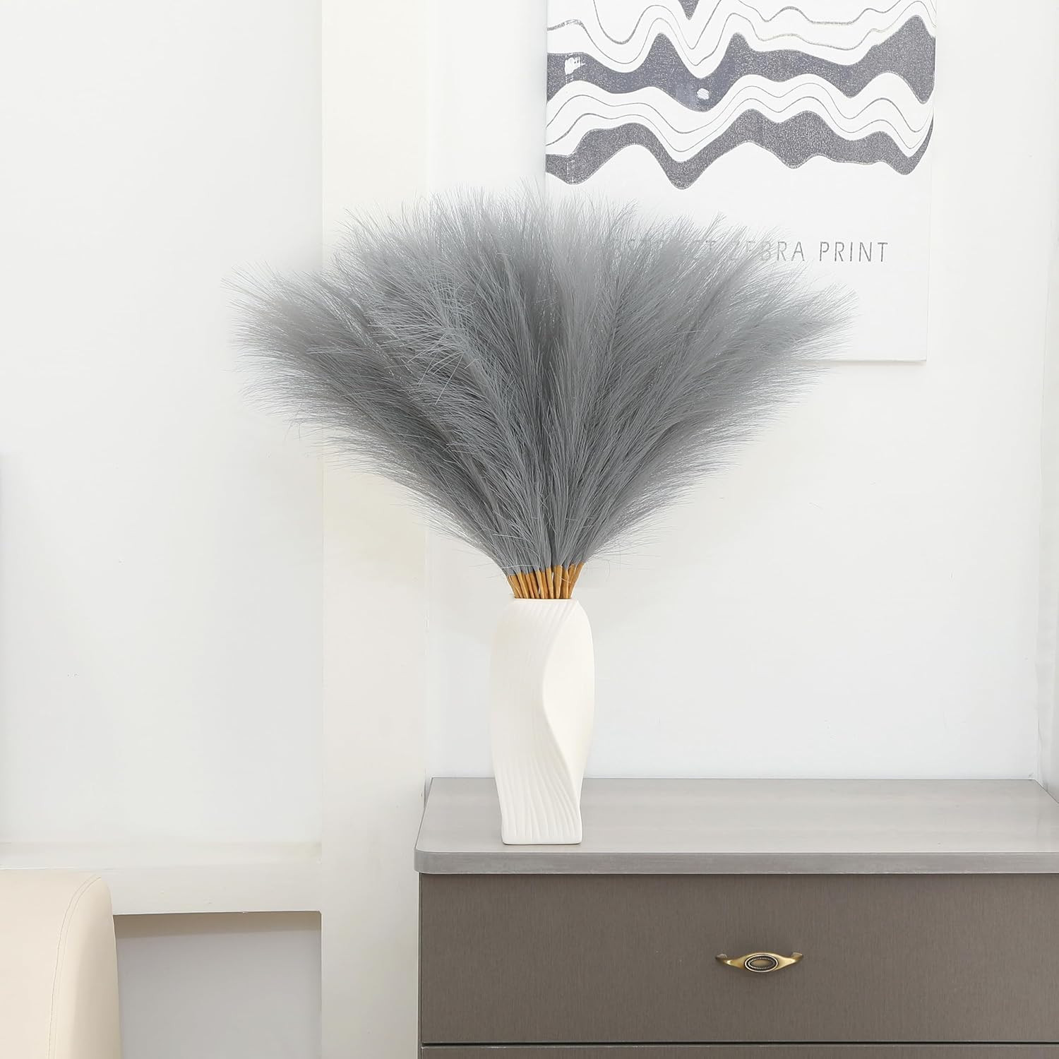 30Pcs 22″ Grey Pampas Grass Faux Pampas Grass Decor for Table Vase | Fluffy Pomp