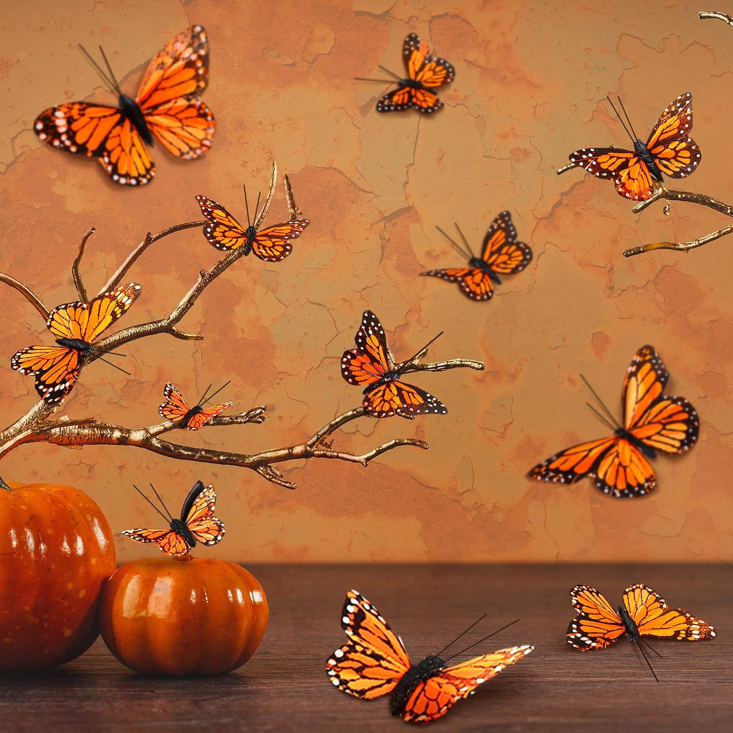 24 Pcs Monarch Butterfly Decorations 4 Size Artificial Monarch Feather Fake Butt