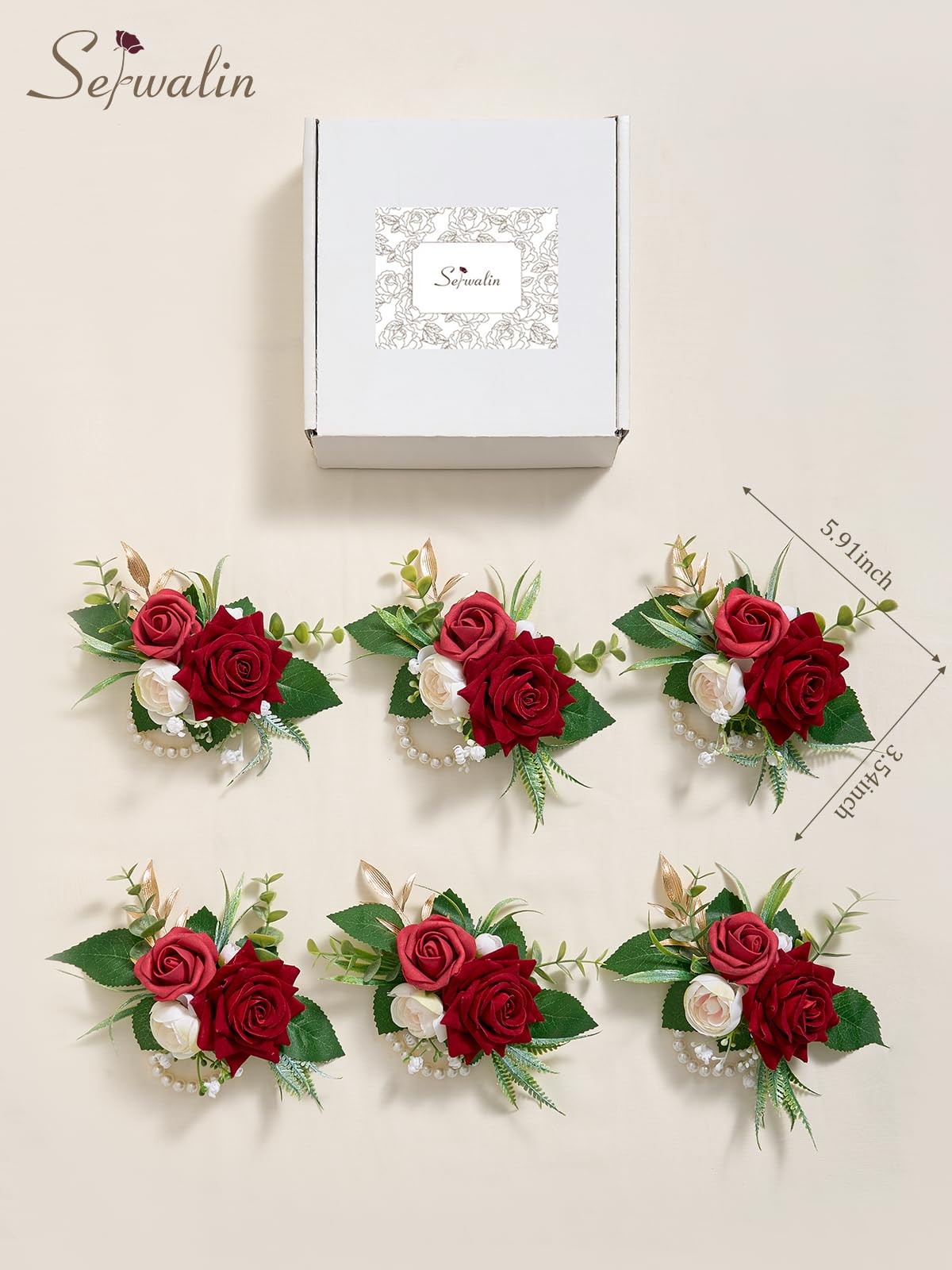 6 PCS Burgundy Wrist Corsage Wedding Roses Prom Homecoming Party Hand Decor
