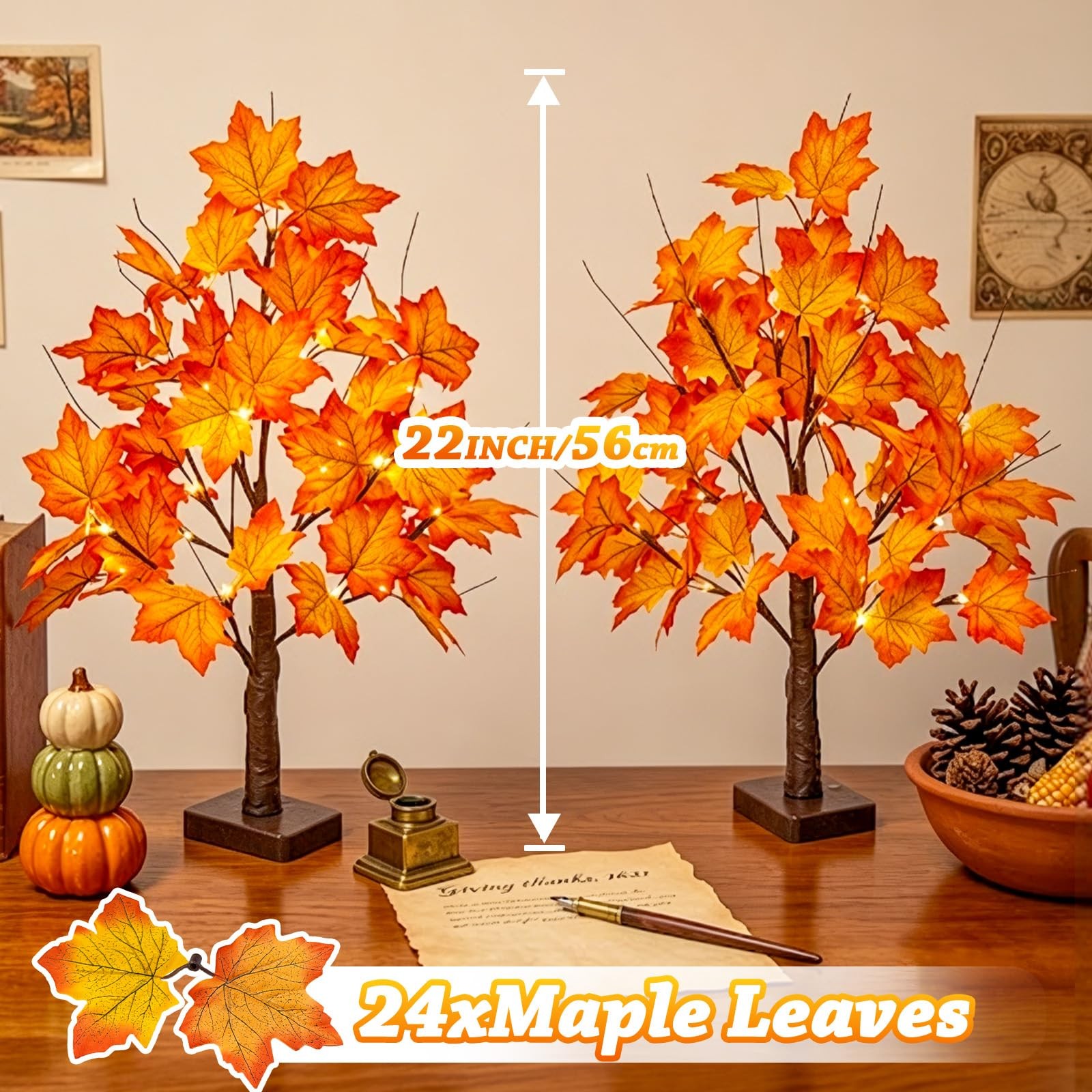 Fall Decorations Maple Tree with 24 LED Lights Tabletop Thanksgiving Gift 2 Pack