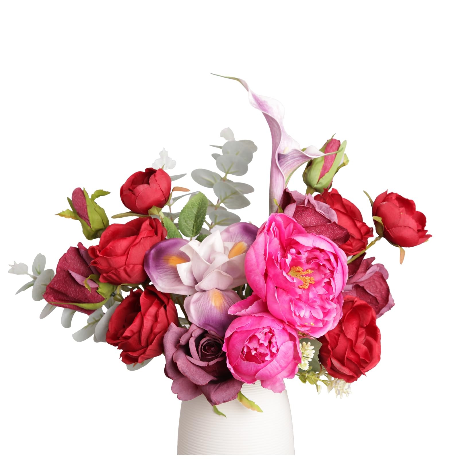 Red Pink Mixed Artificial Rose Peony Real Touch Bouquet Lifelike Floral Decor