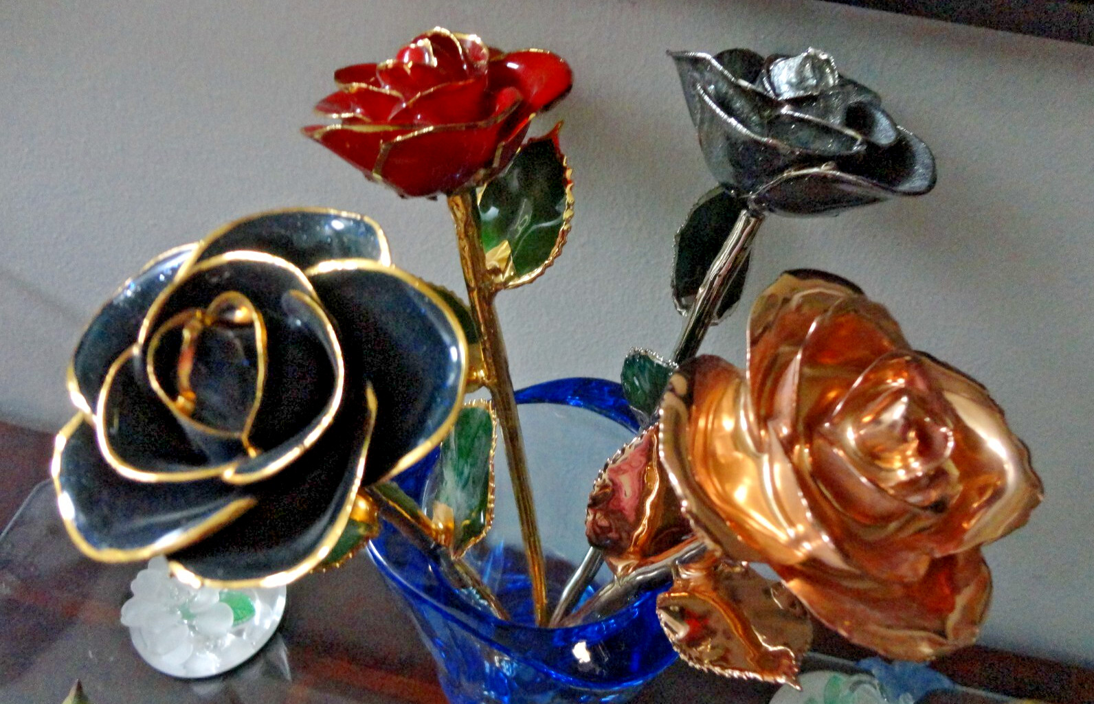 4 GLIDDED REAL ROSE GENUINE HAND DIPPED 24K GOLD LACQUER RED GOLDEN BLUE SILVER
