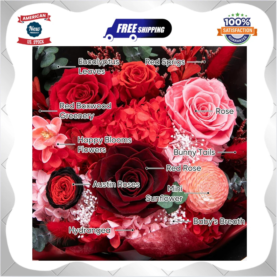 Preserved Red Rose Bouquet Real Forever Flowers Gift for Her Birthday Anniver…