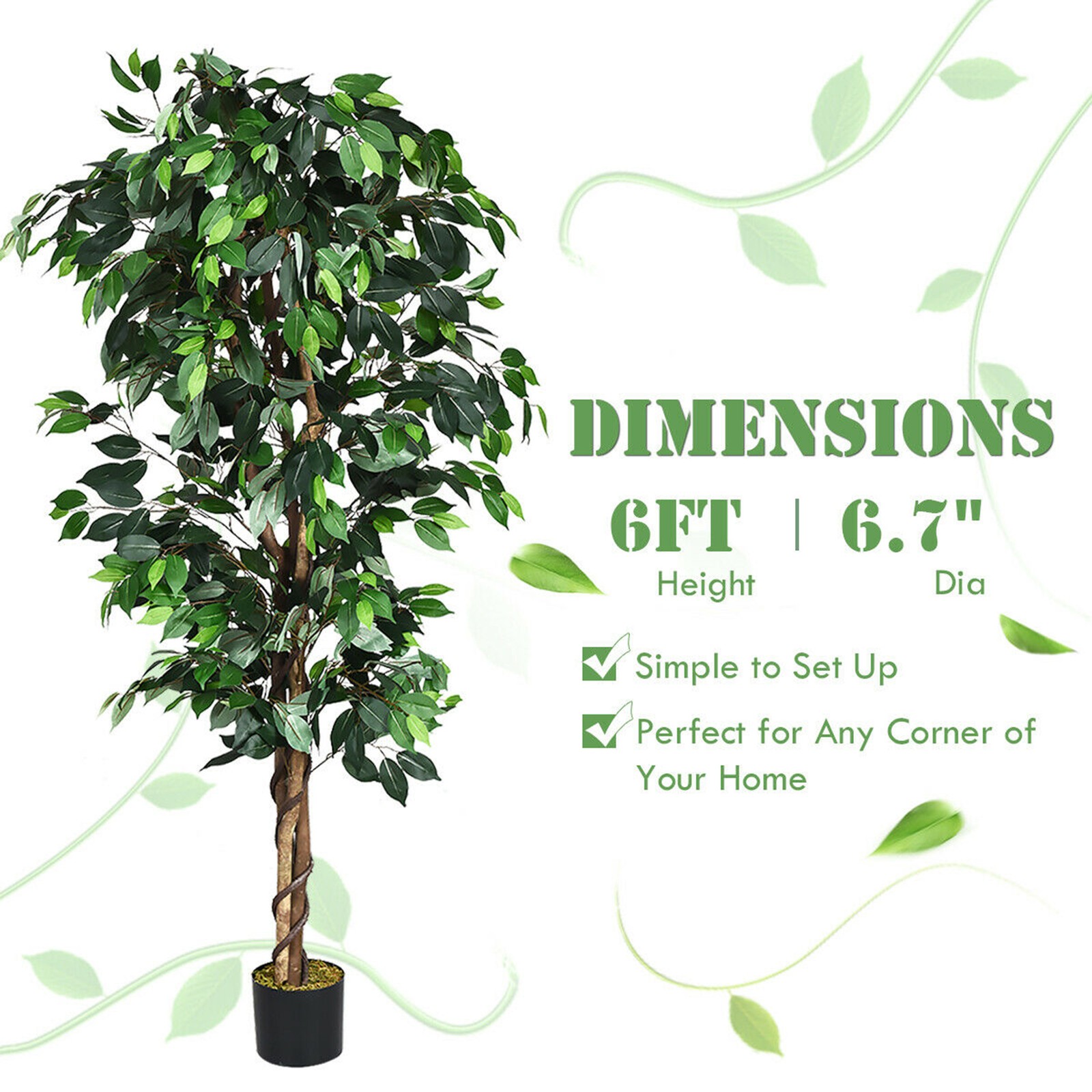 6Ft Artificial Ficus Tree Fake Greenery Plant Home Office Decoration