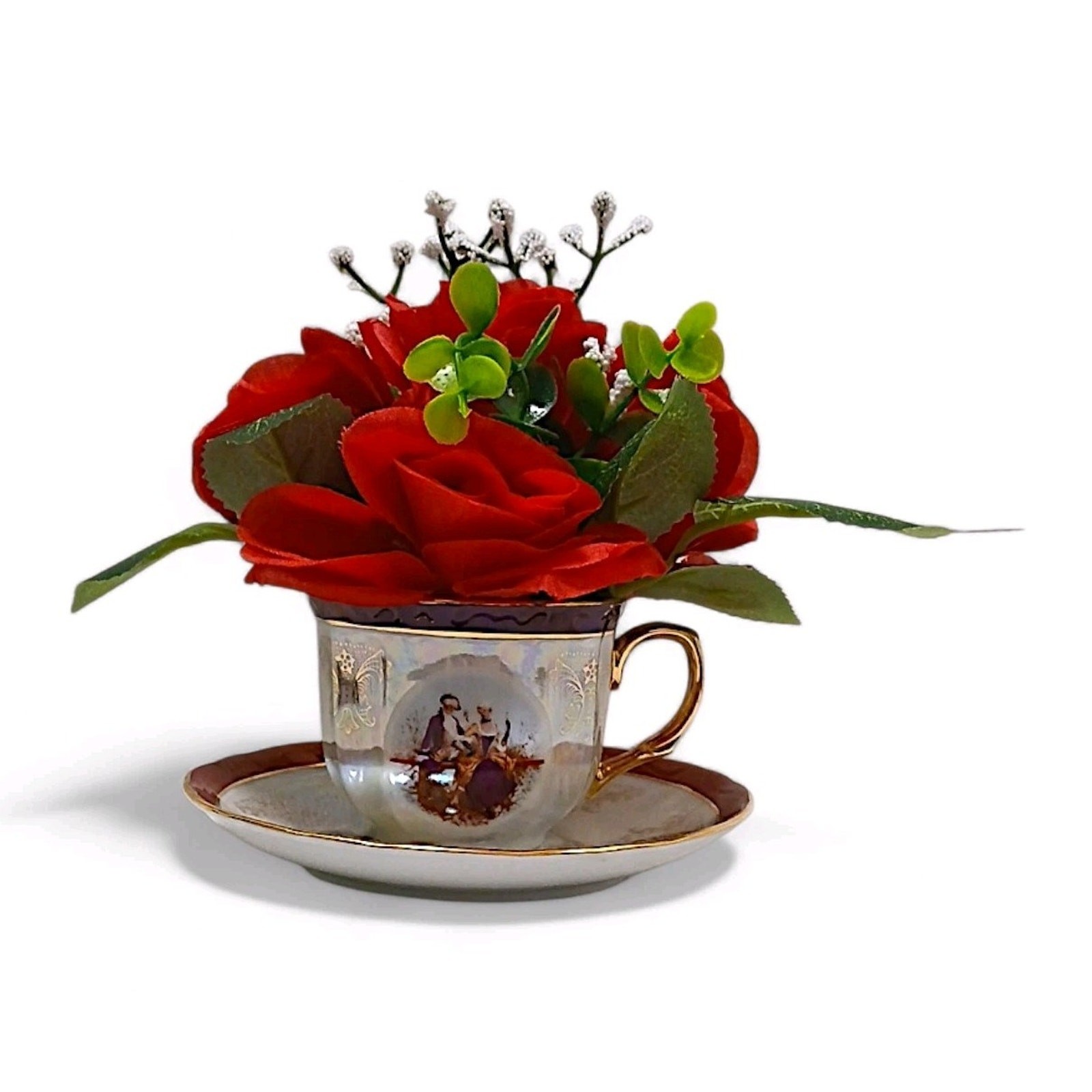 Silk Floral Arrangement Red Roses Leafy Tea Party Cup POP-IN Love Romantic Gift