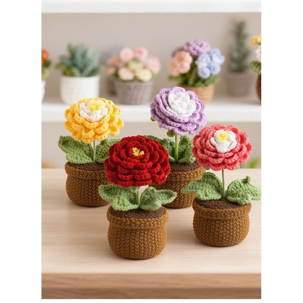 Crochet Peony Artificial Flower in Pot Handmade 17cm Milk Cotton Piece