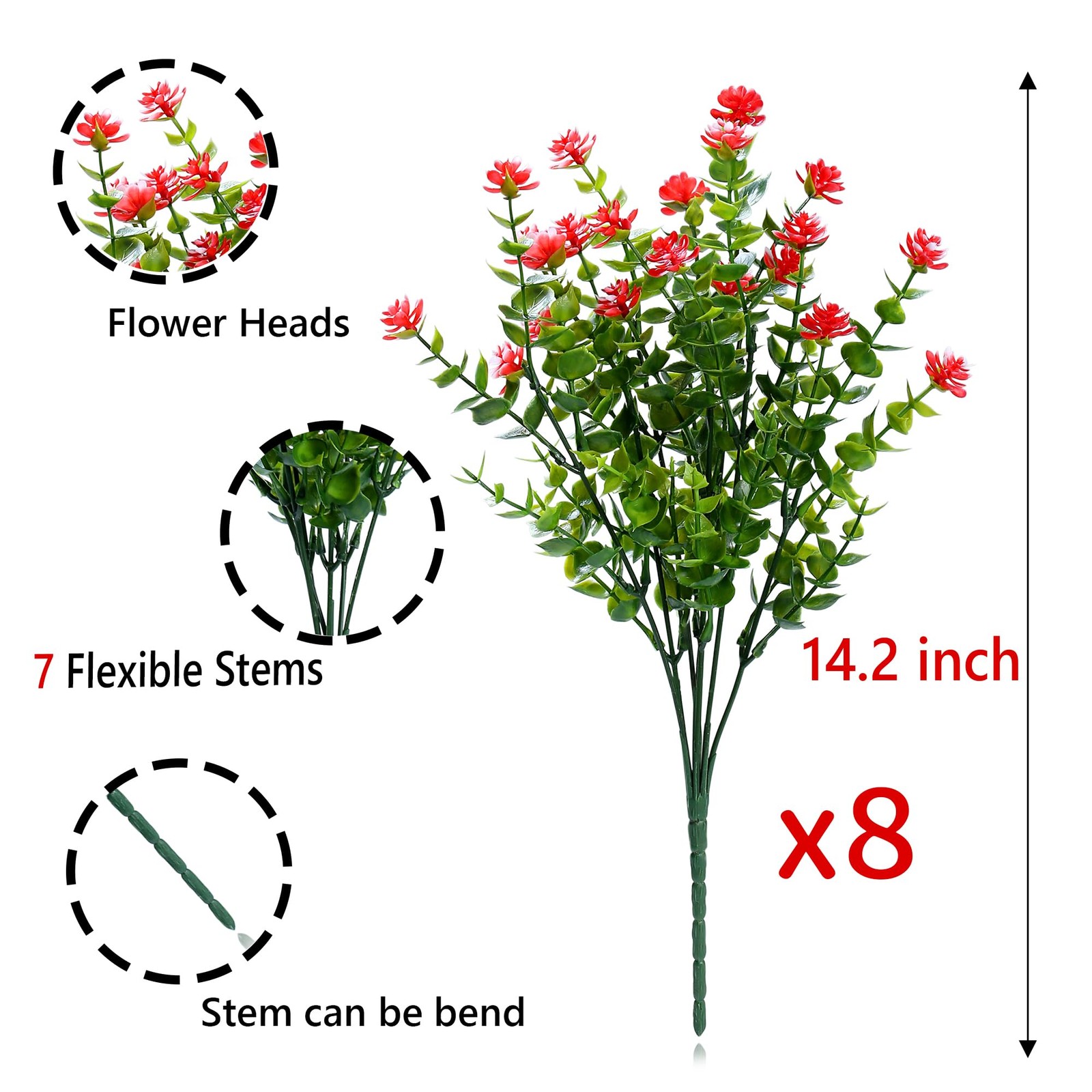 SITUMEIZI 8 Bundles Red Artificial Flowers 14.1 inches (36cm) per shrub,