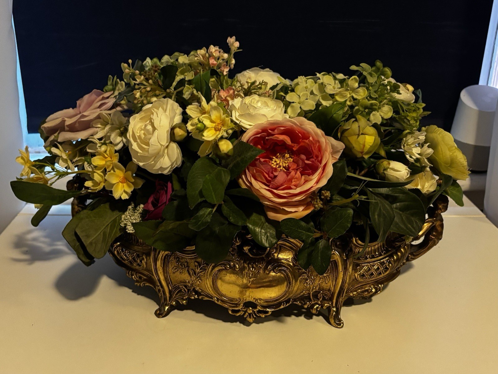 Large Elegant PINKS Flower Arrangement In Antique Brass Victorian Centerpiece