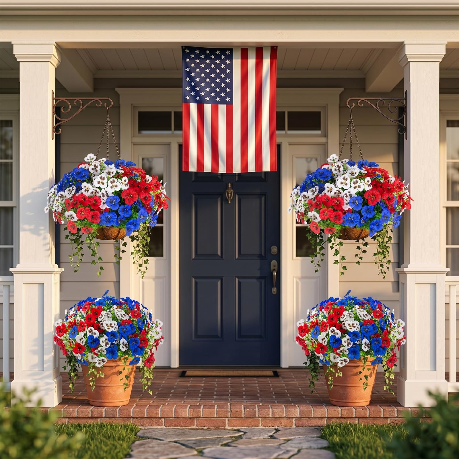 2 Sets Faux Hanging Pansy Flowers with Baskets – 24 Pcs Patriotic Silk Decor for