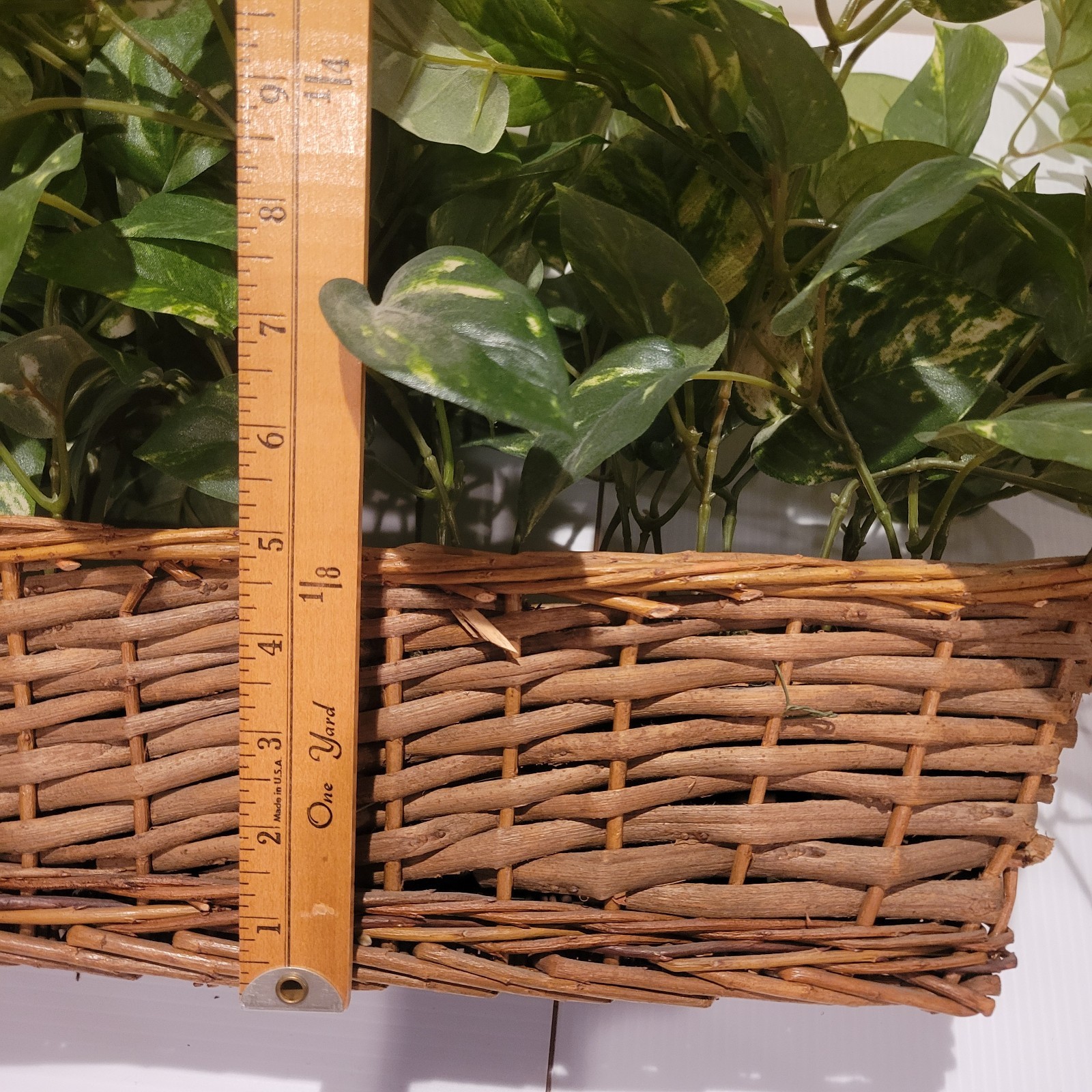Indoor Faux Artificial Ivy Pothos Plant In Wicker Ledge Basket