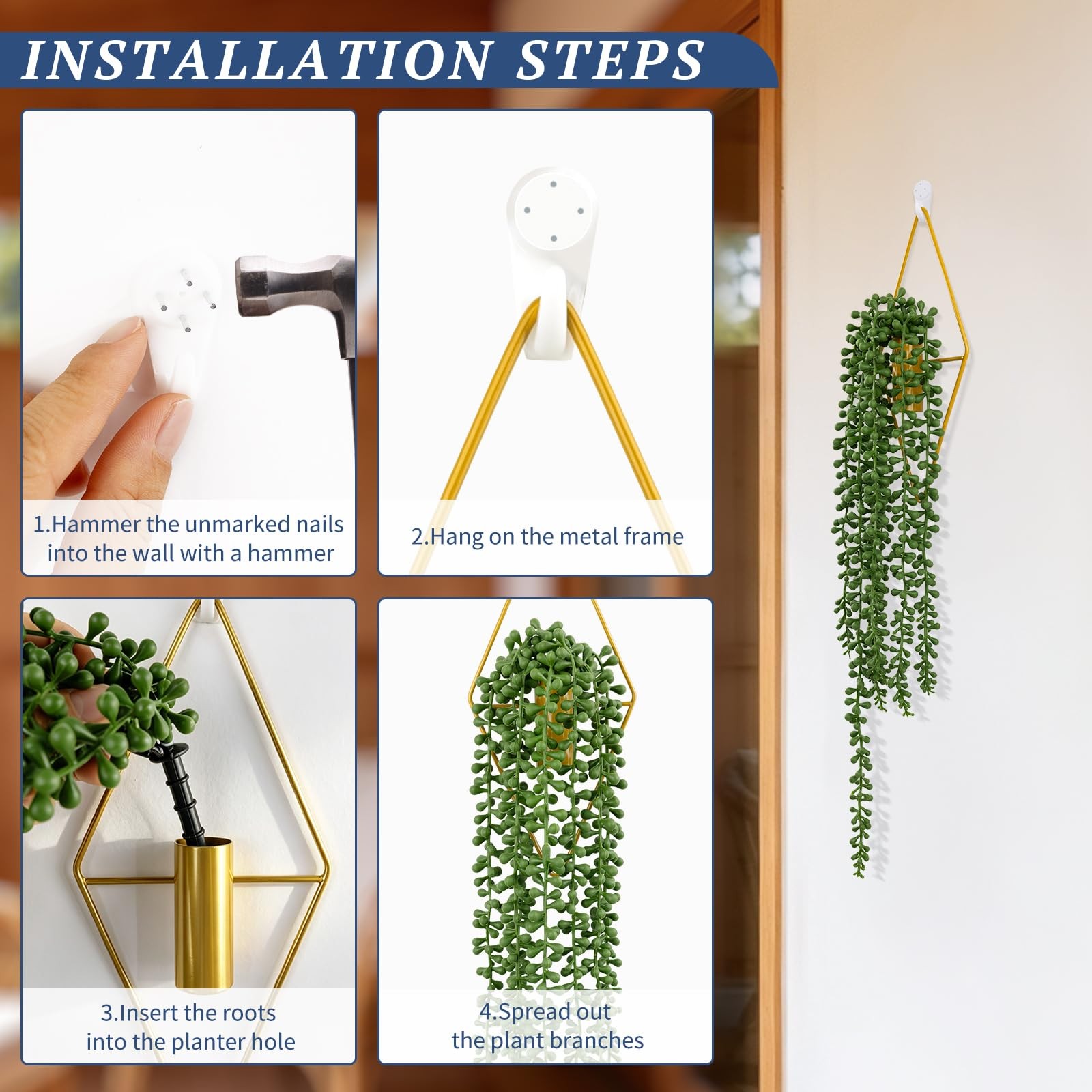 2 Pack Artificial Hanging Plants with Geometric Metal Wall Planter, Faux Stri…