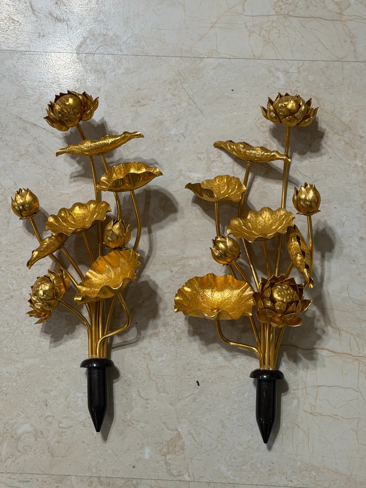 VTG Japanese Lotus Flowers decoration pair gold tone 12″ READ