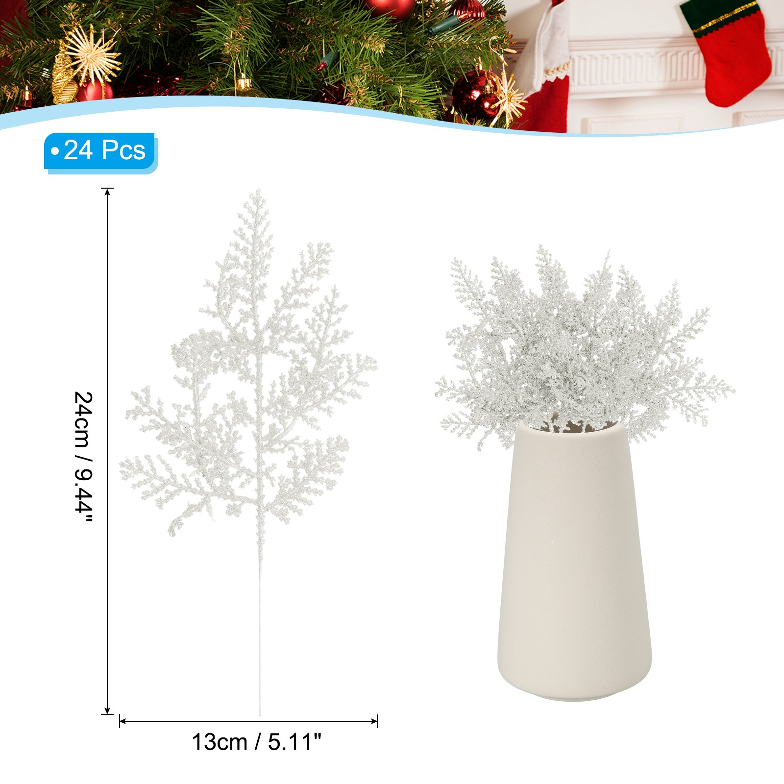 24 Pcs Glitter Artificial Pine Needles, Glitter Pine Stems White