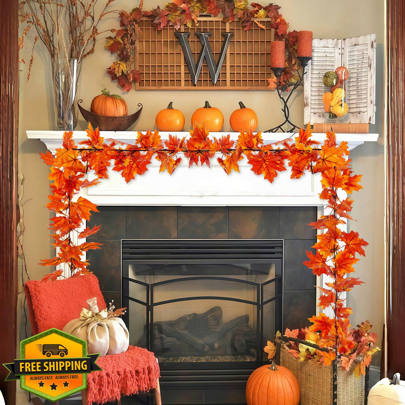AWARDSEN Orange 6.5ft Maple Leaf Garland