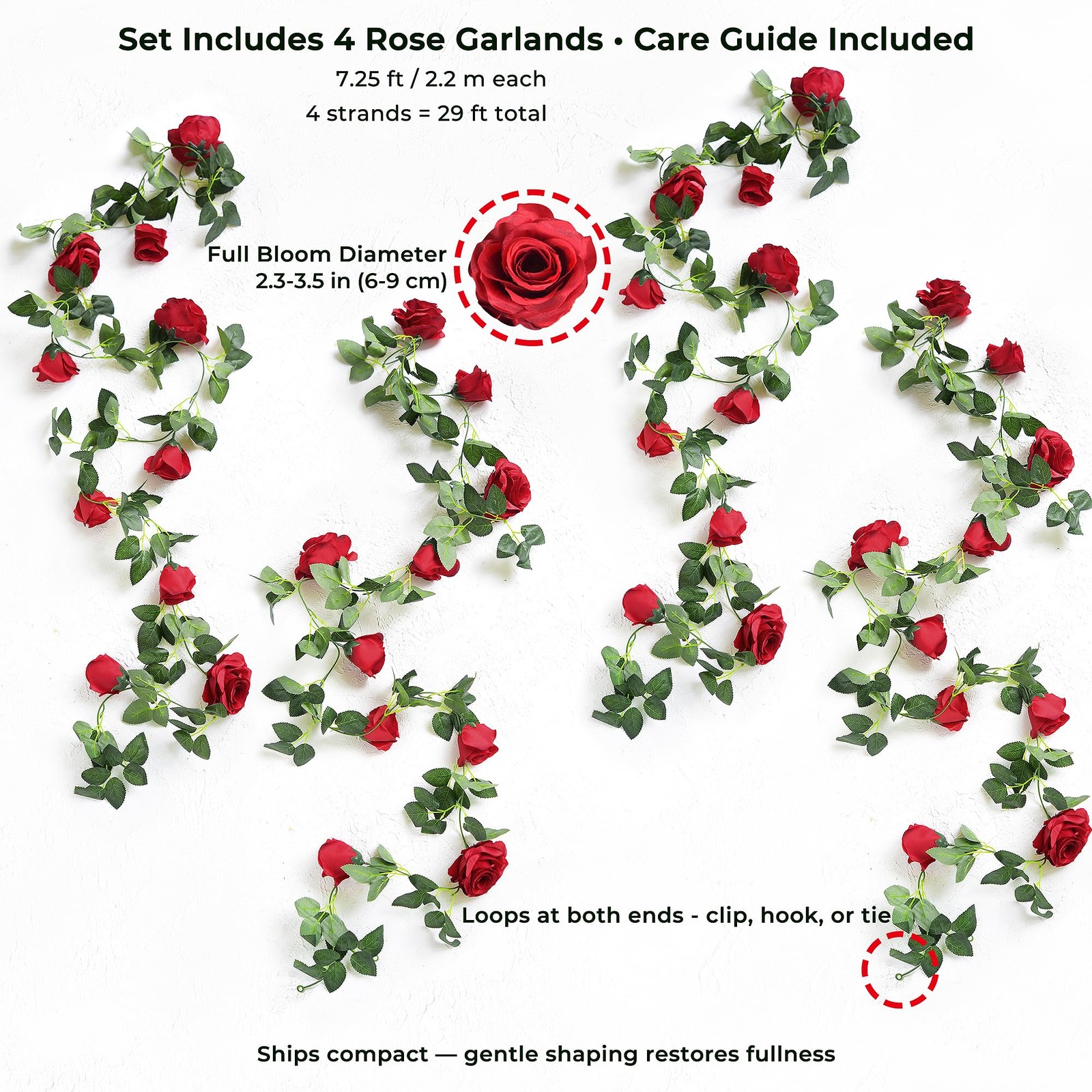 FiveSeasonStuff 29 Ft 4 Pack Rose Silk Flower Garland Artificial Flowers Deco…