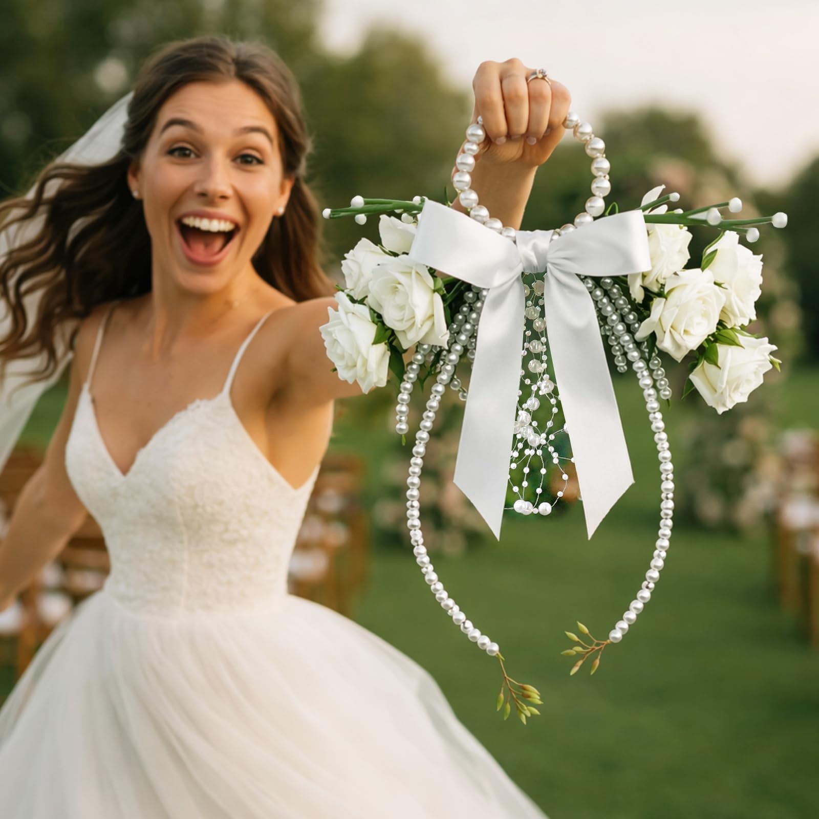 White Rose Bridal Pearl Handle Bouquet For Wedding Party Church Bridesmaid